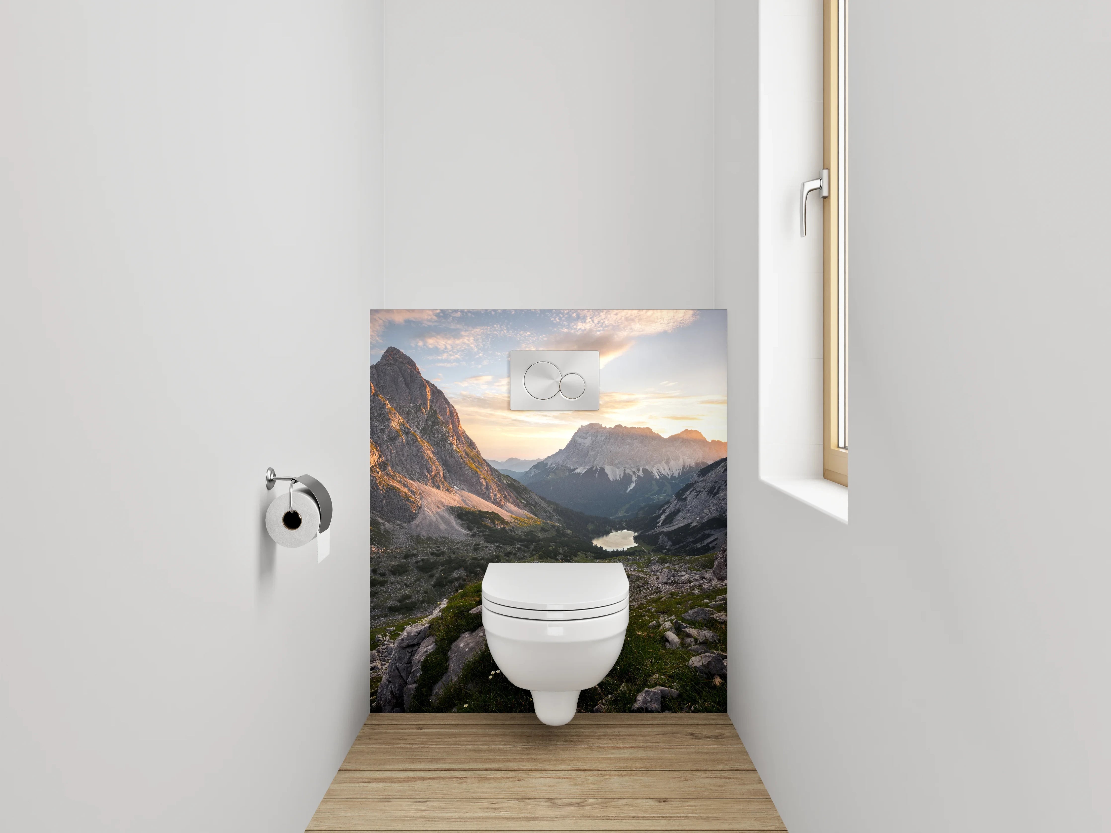 WC-Rückwand - Bergpanorama mit See bei Sonnenuntergang