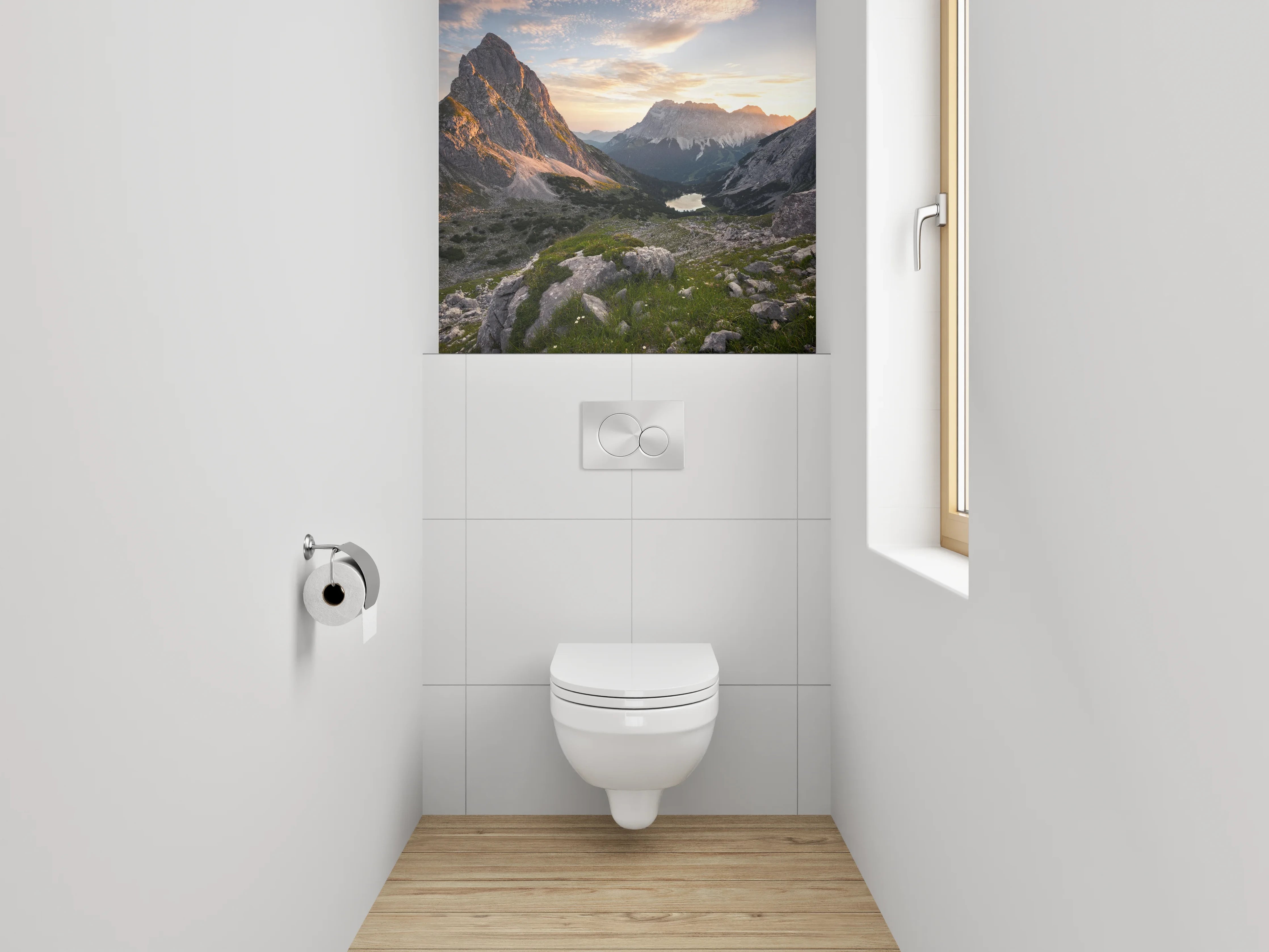 WC-Rückwand - Bergpanorama mit See bei Sonnenuntergang