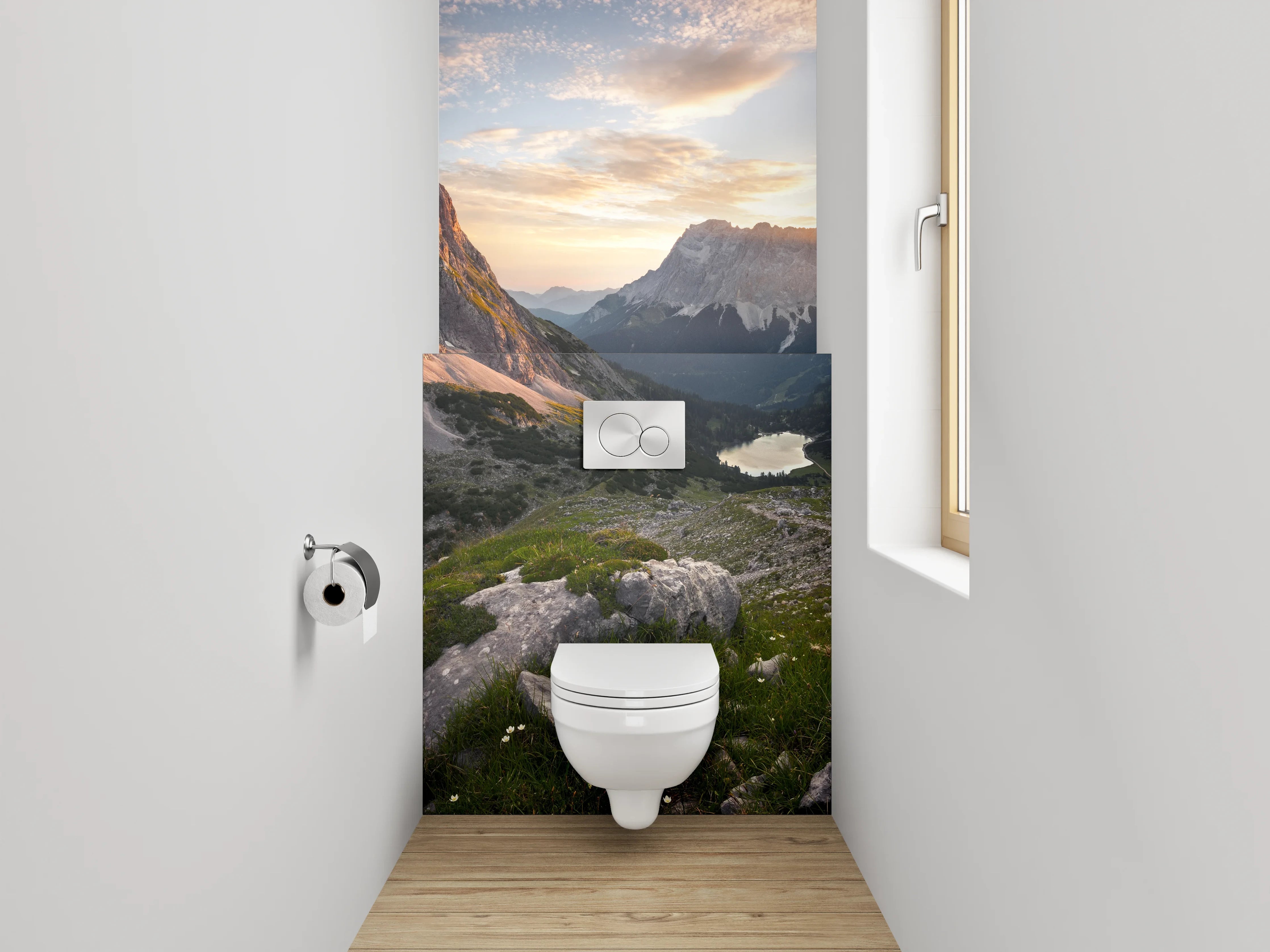 WC-Rückwand - Bergpanorama mit See bei Sonnenuntergang