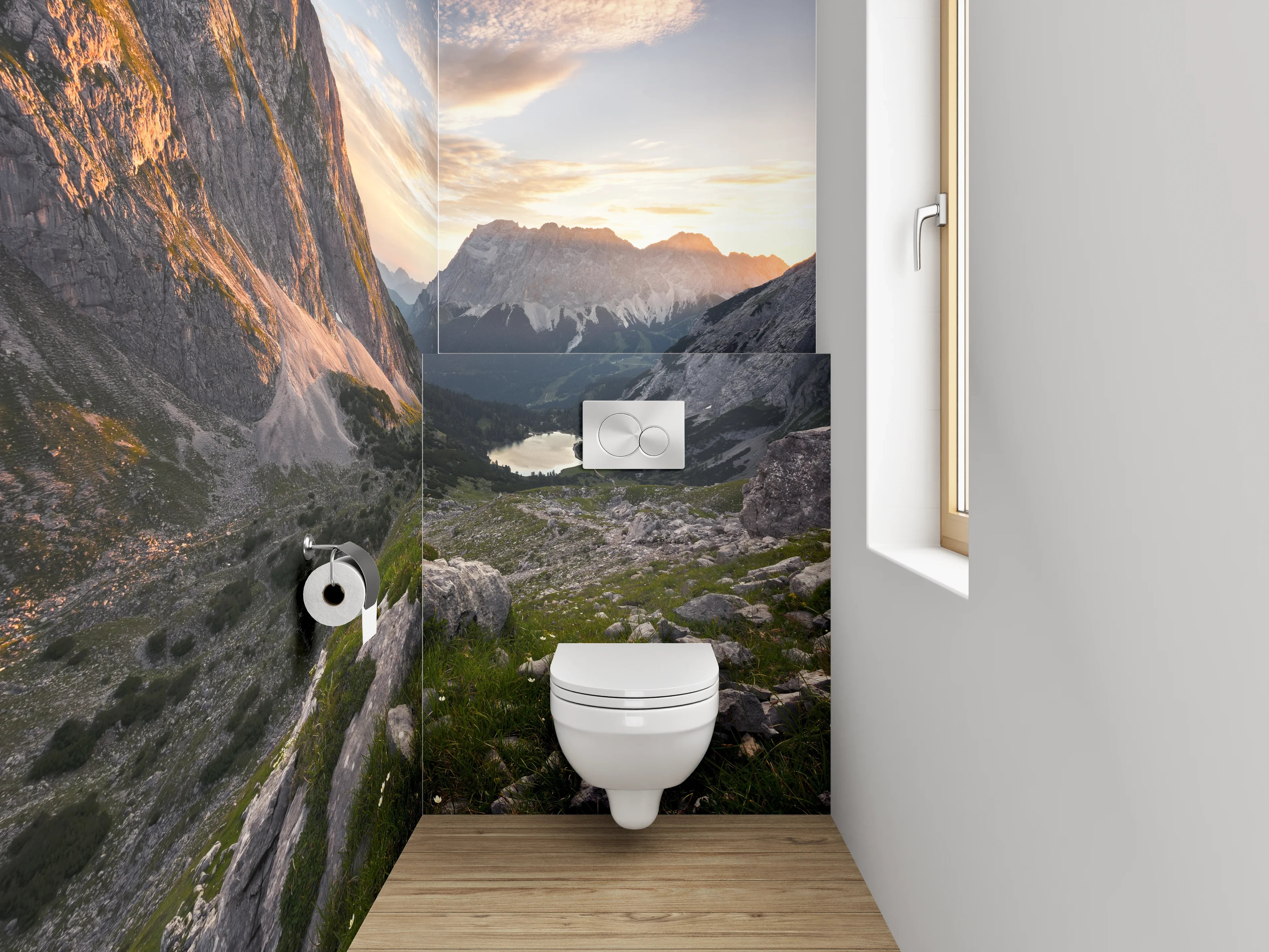 WC-Rückwand - Bergpanorama mit See bei Sonnenuntergang
