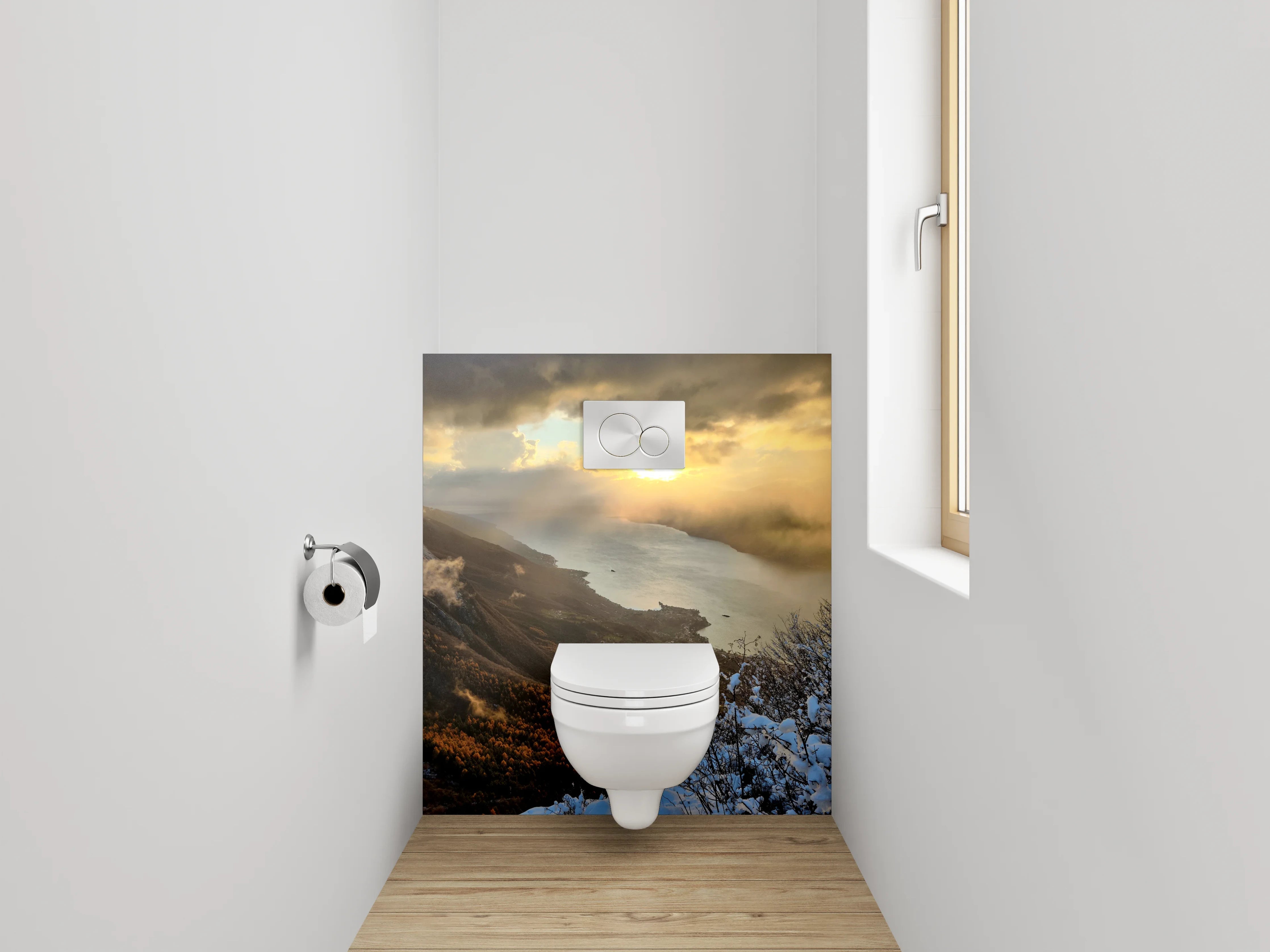 WC-Rückwand - Bergsee-Panorama bei Sonnenuntergang