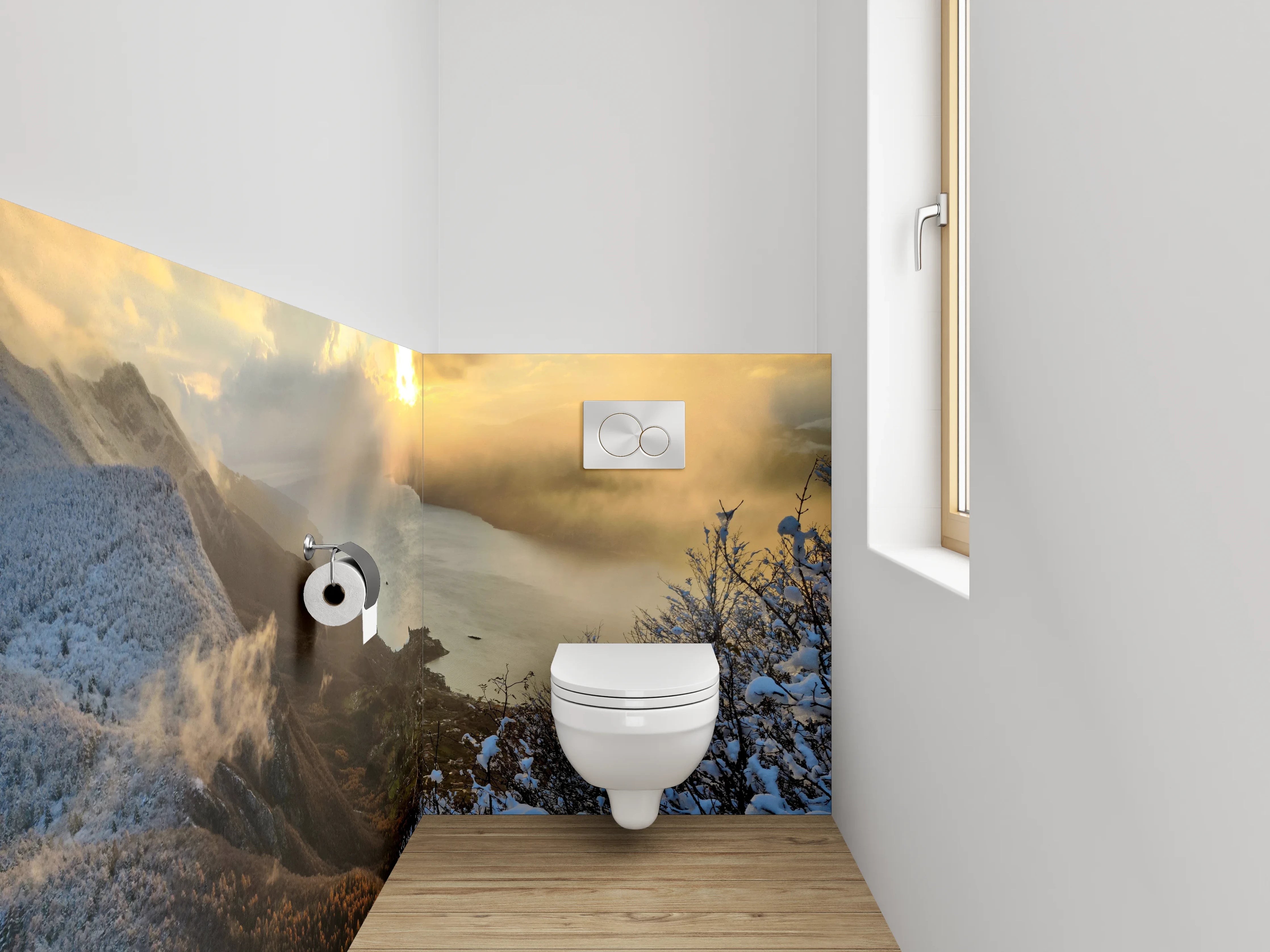 WC-Rückwand - Bergsee-Panorama bei Sonnenuntergang