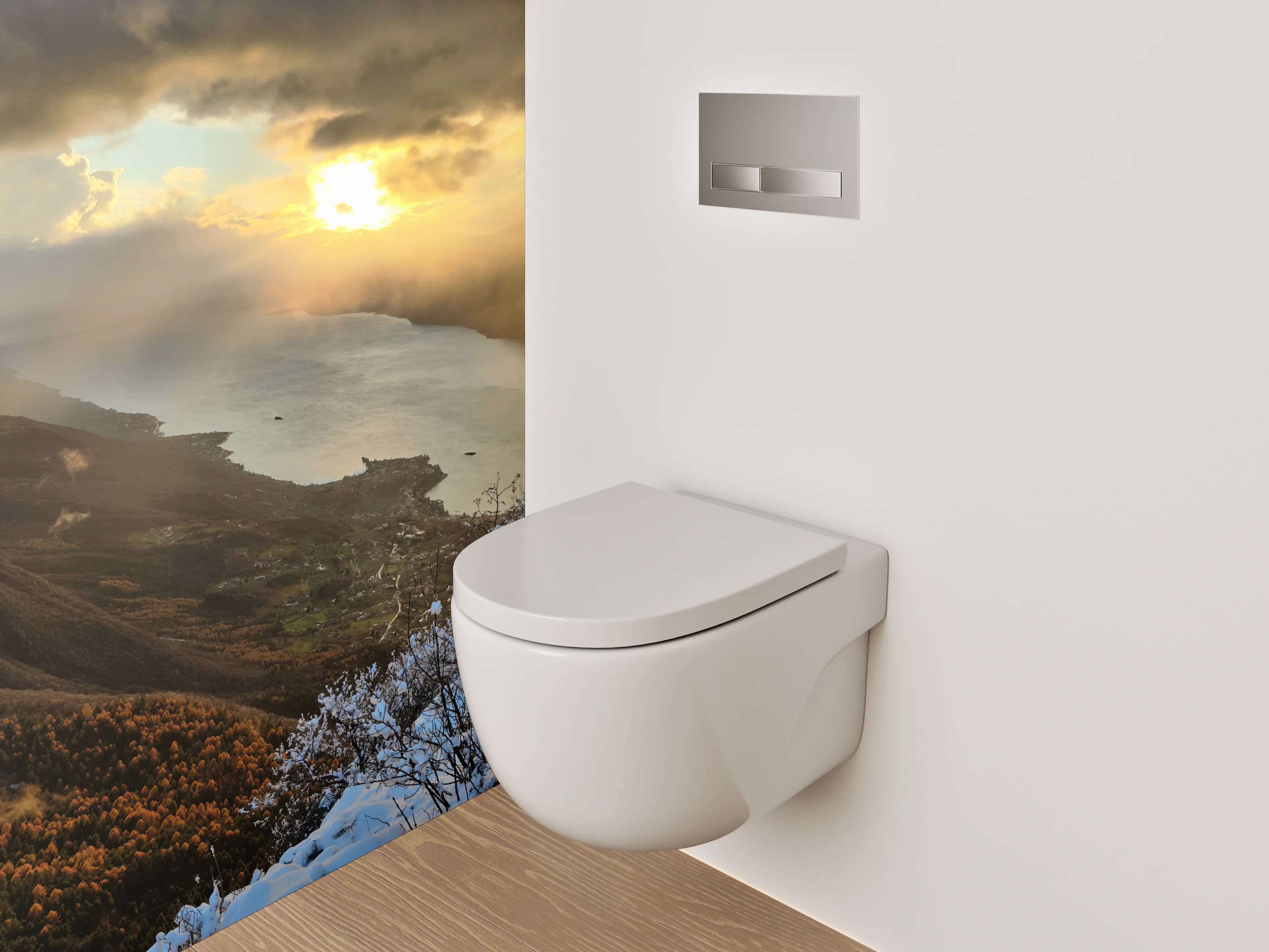 WC-Rückwand - Bergsee-Panorama bei Sonnenuntergang