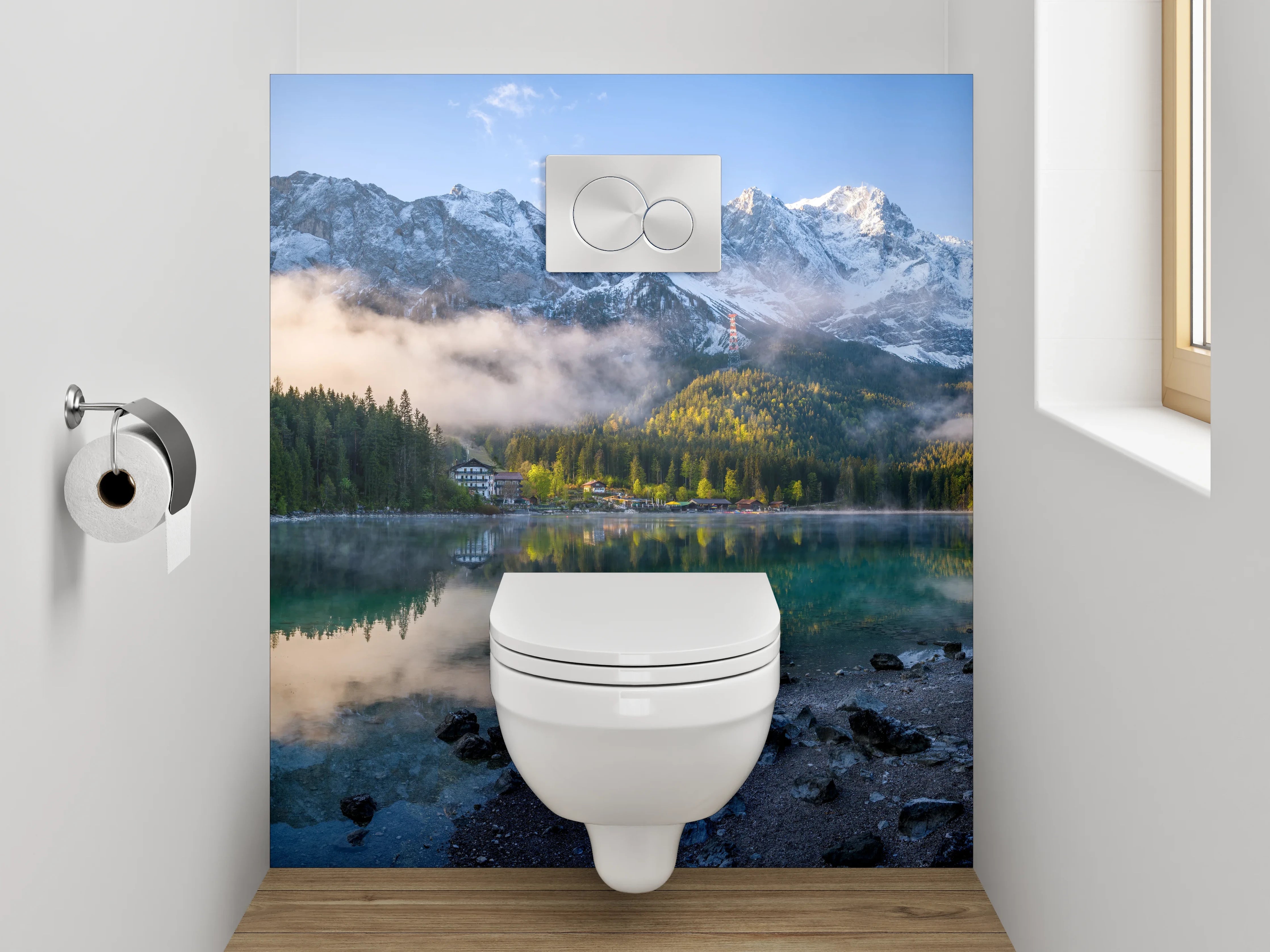 WC-Rückwand - Bergsee Panorama mit Alpenreflexion
