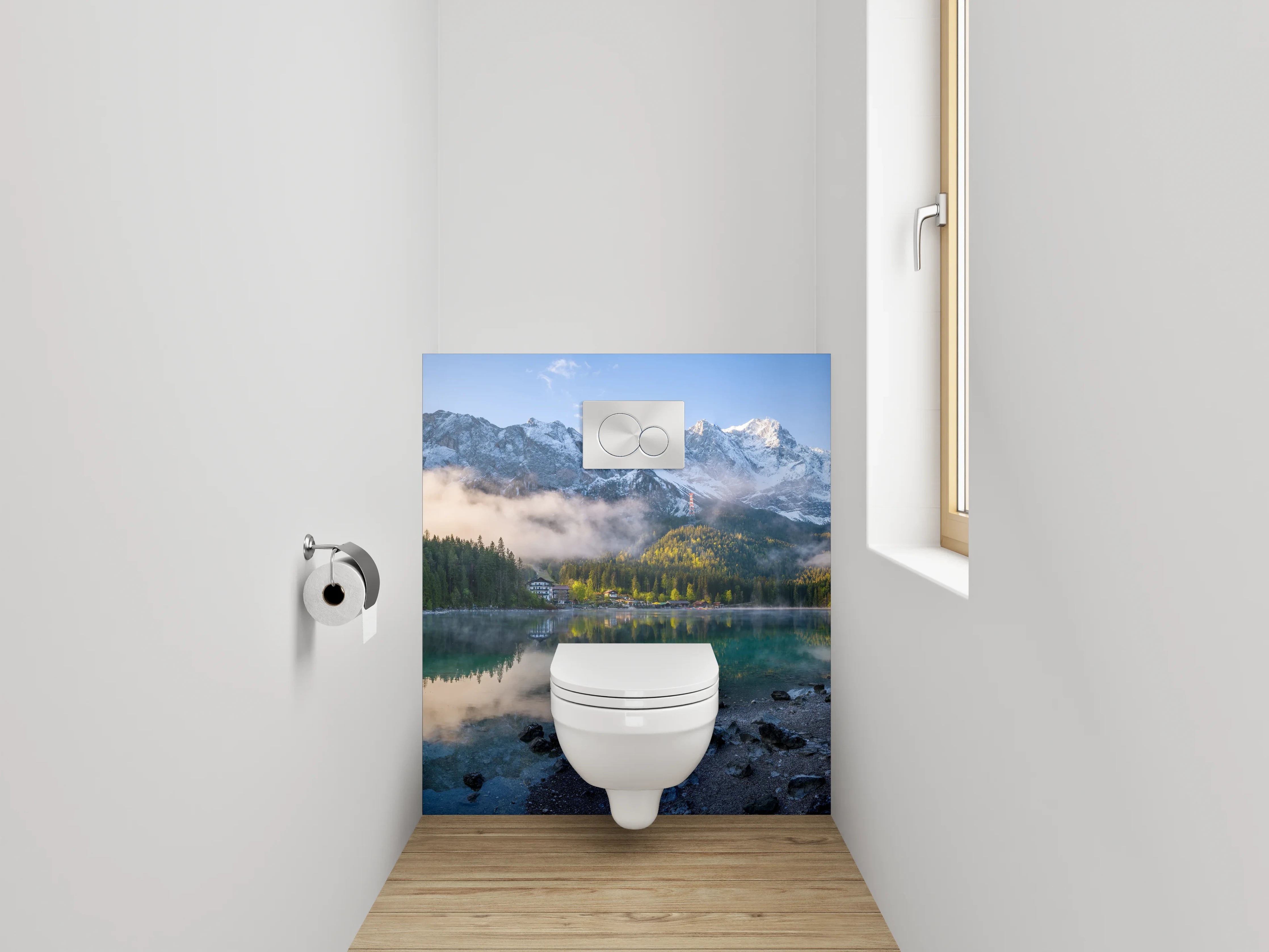 WC-Rückwand - Bergsee Panorama mit Alpenreflexion