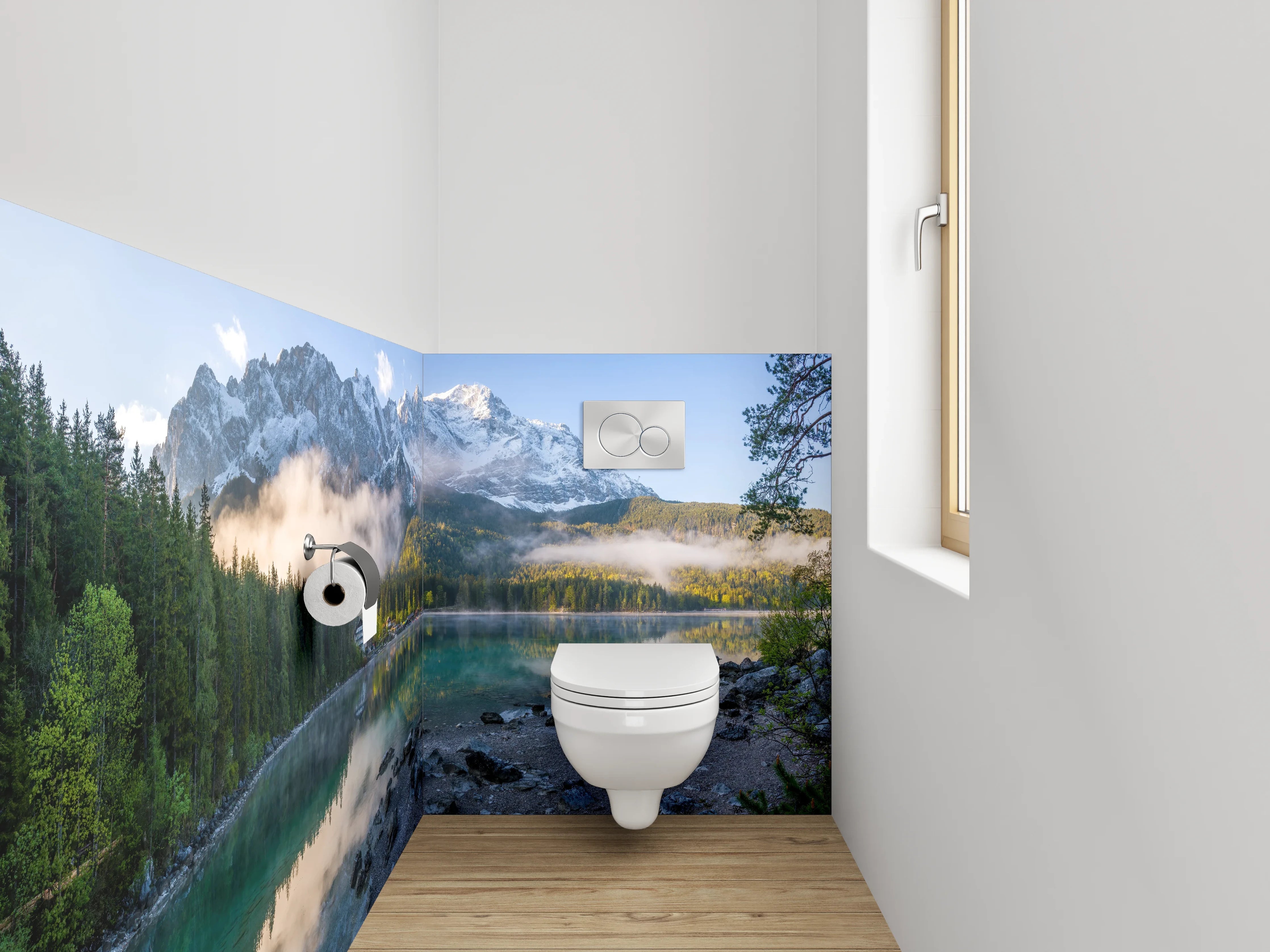 WC-Rückwand - Bergsee Panorama mit Alpenreflexion