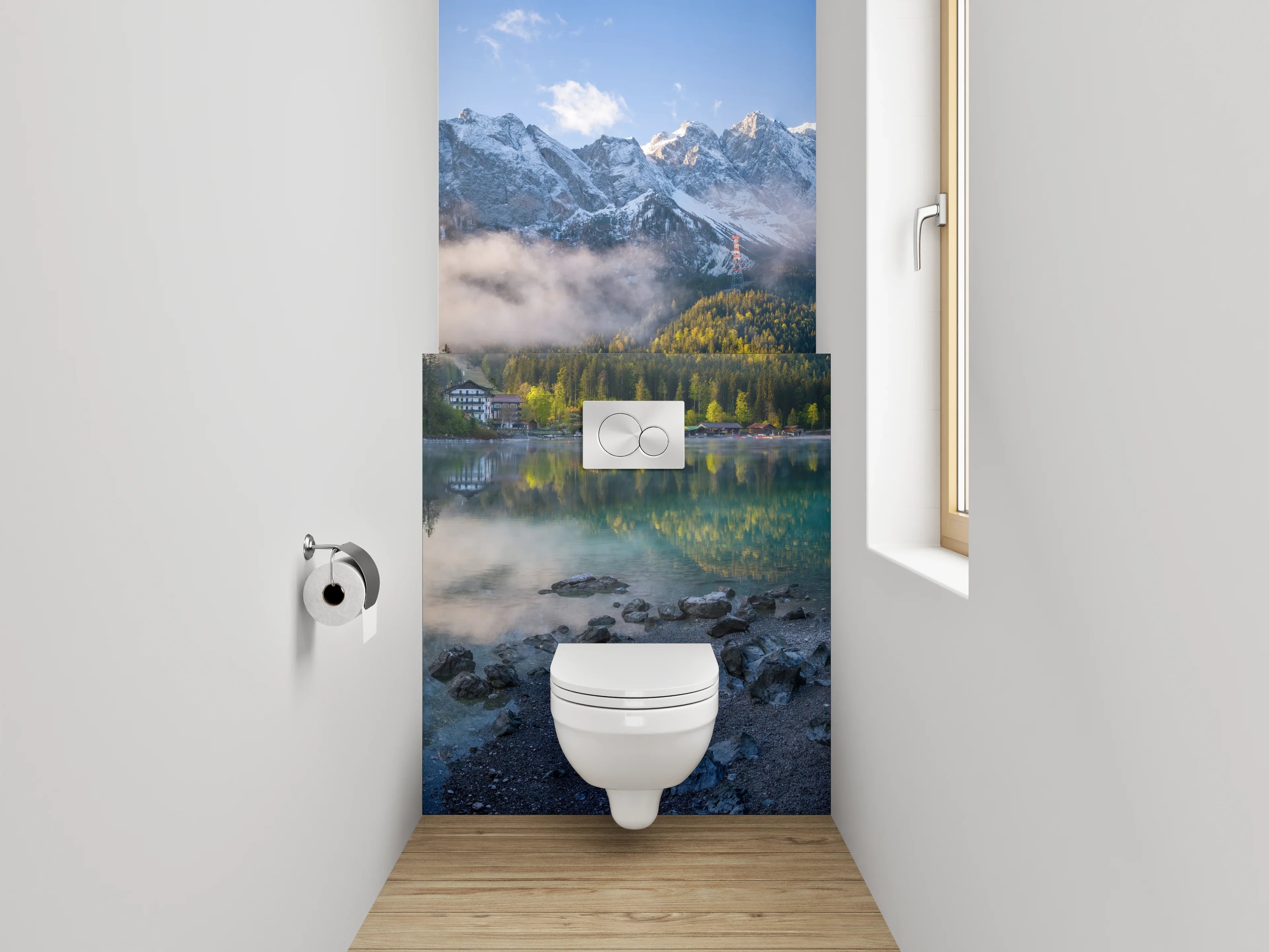 WC-Rückwand - Bergsee Panorama mit Alpenreflexion