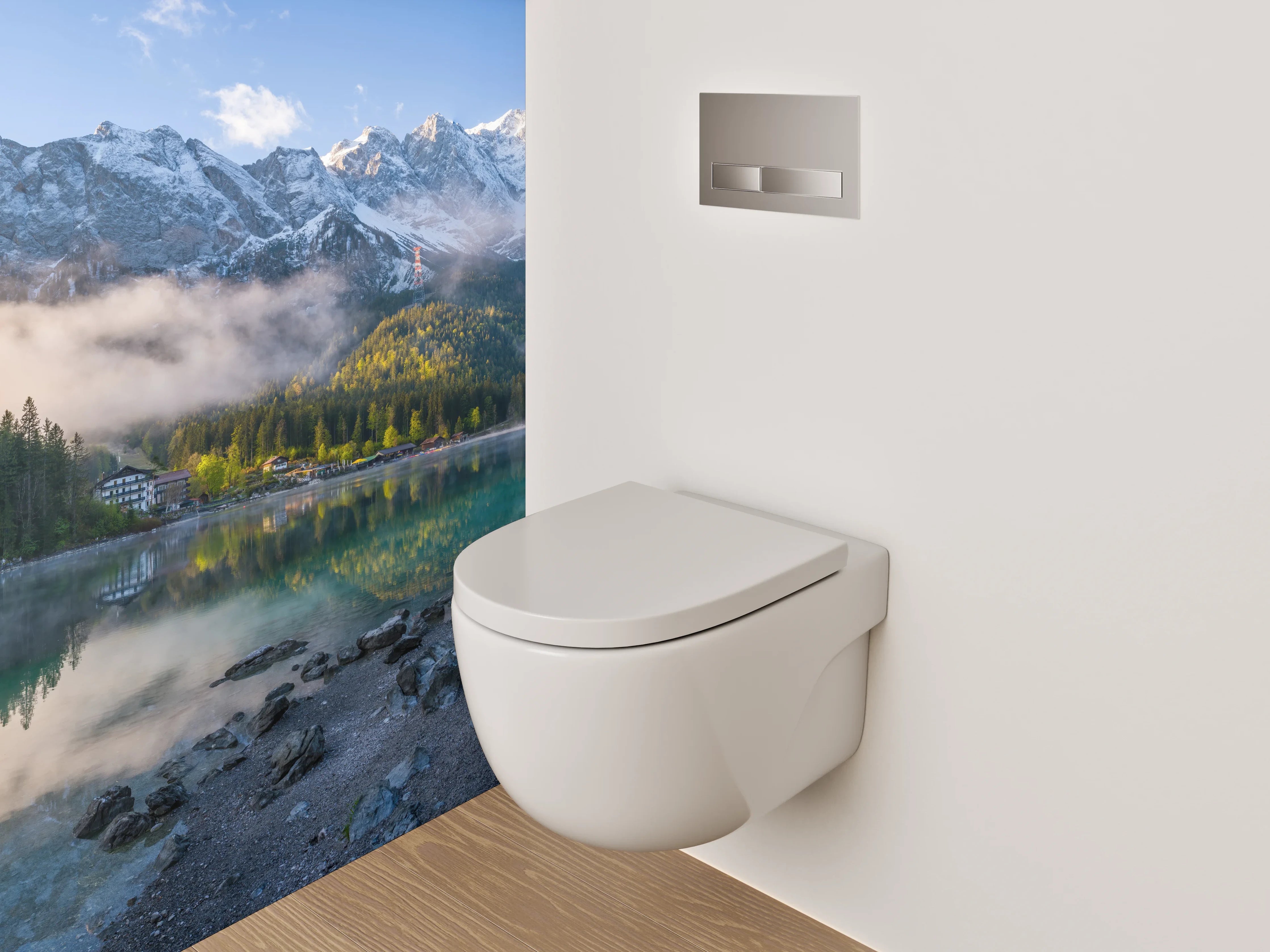 WC-Rückwand - Bergsee Panorama mit Alpenreflexion