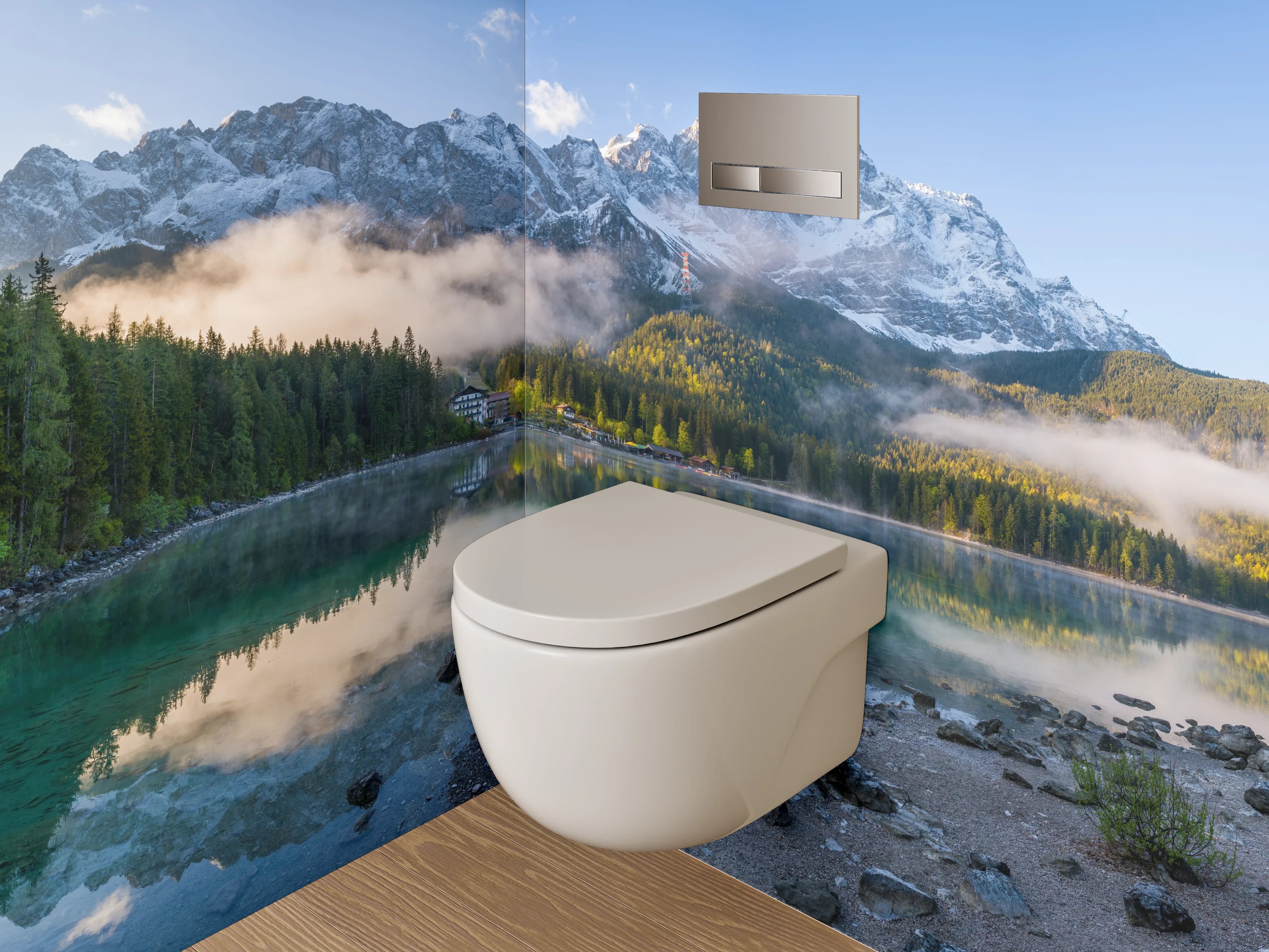 WC-Rückwand - Bergsee Panorama mit Alpenreflexion