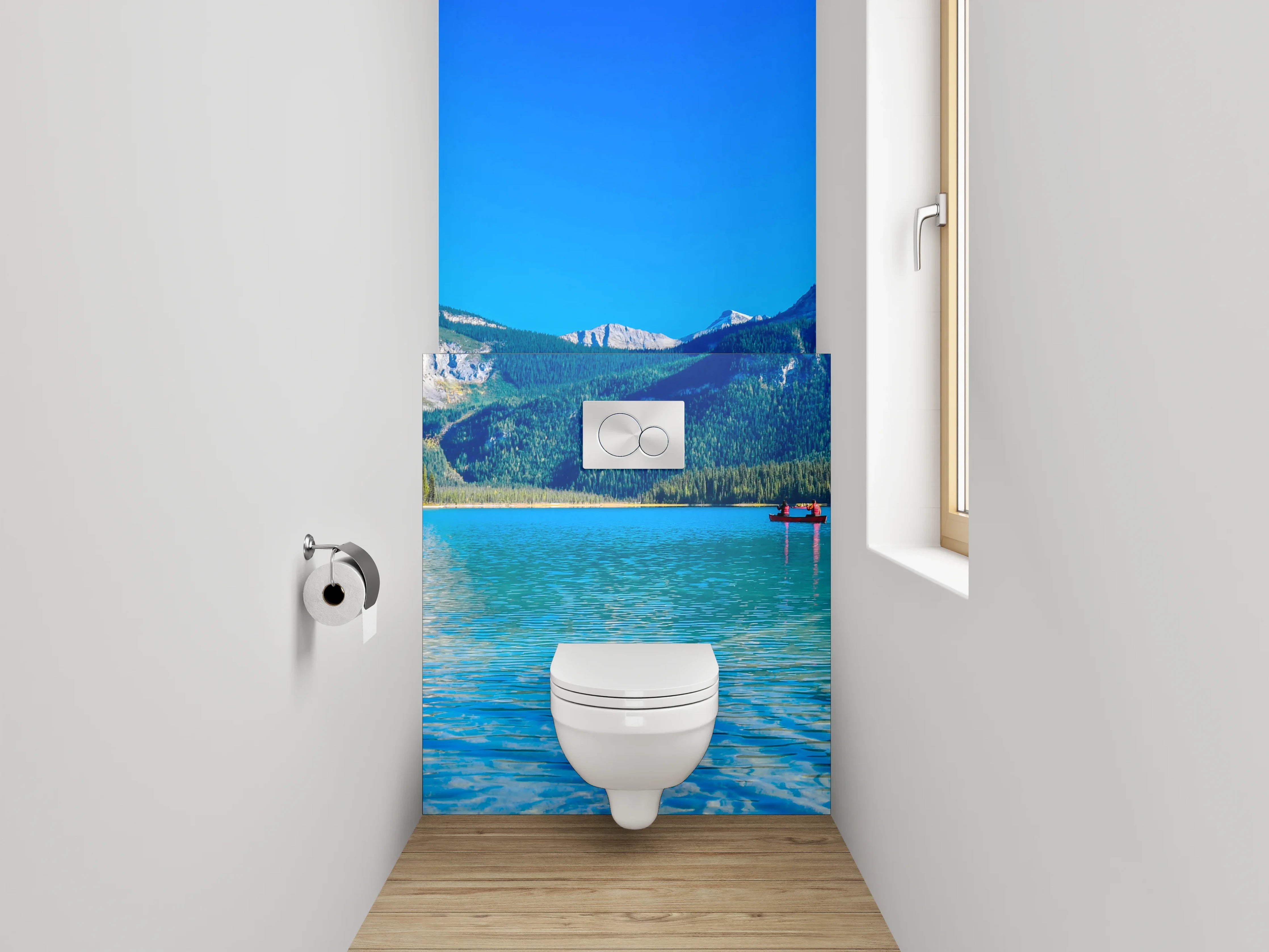 WC-Rückwand - Bergsee-Panorama mit Booten und Wald