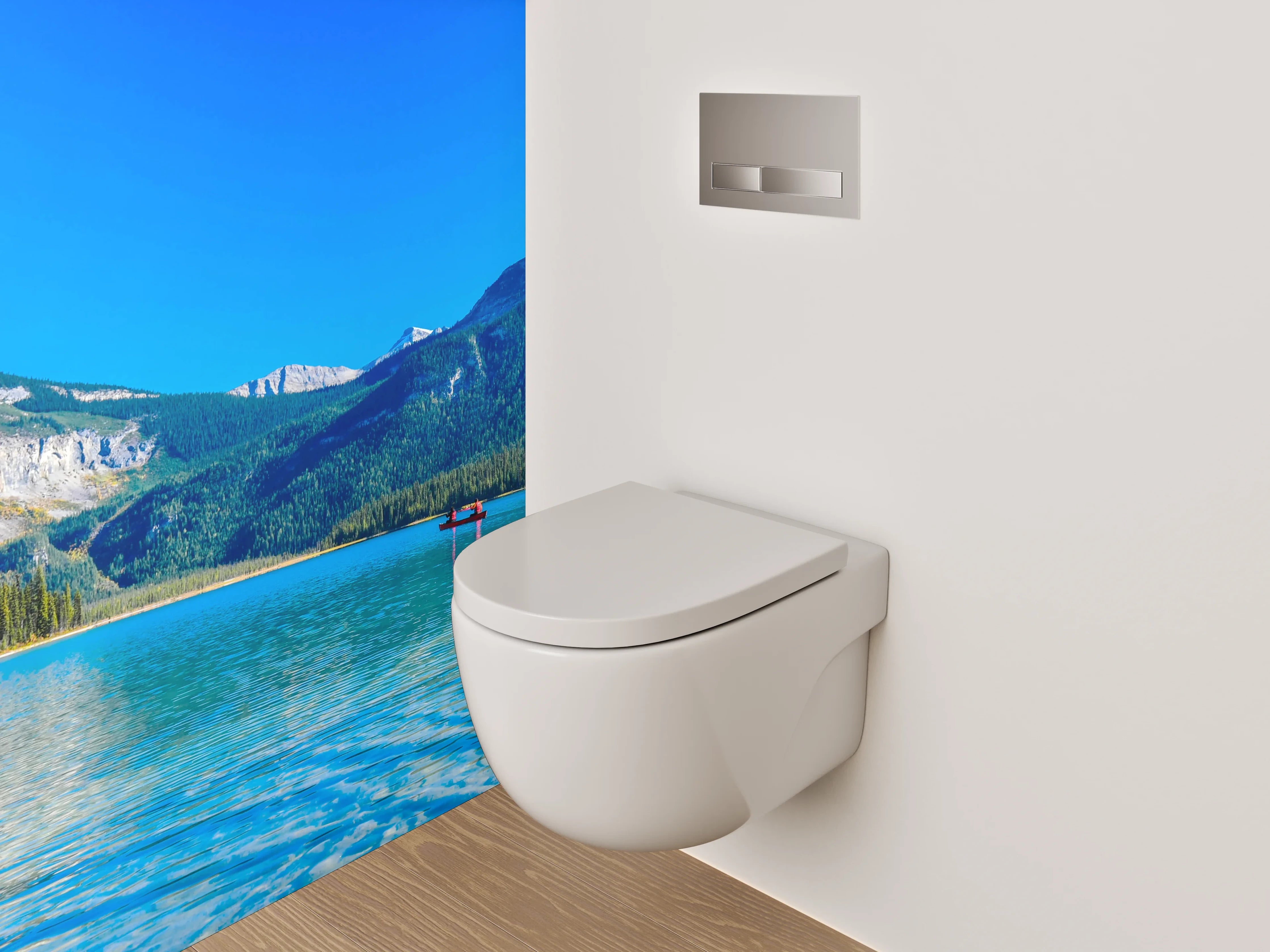 WC-Rückwand - Bergsee-Panorama mit Booten und Wald