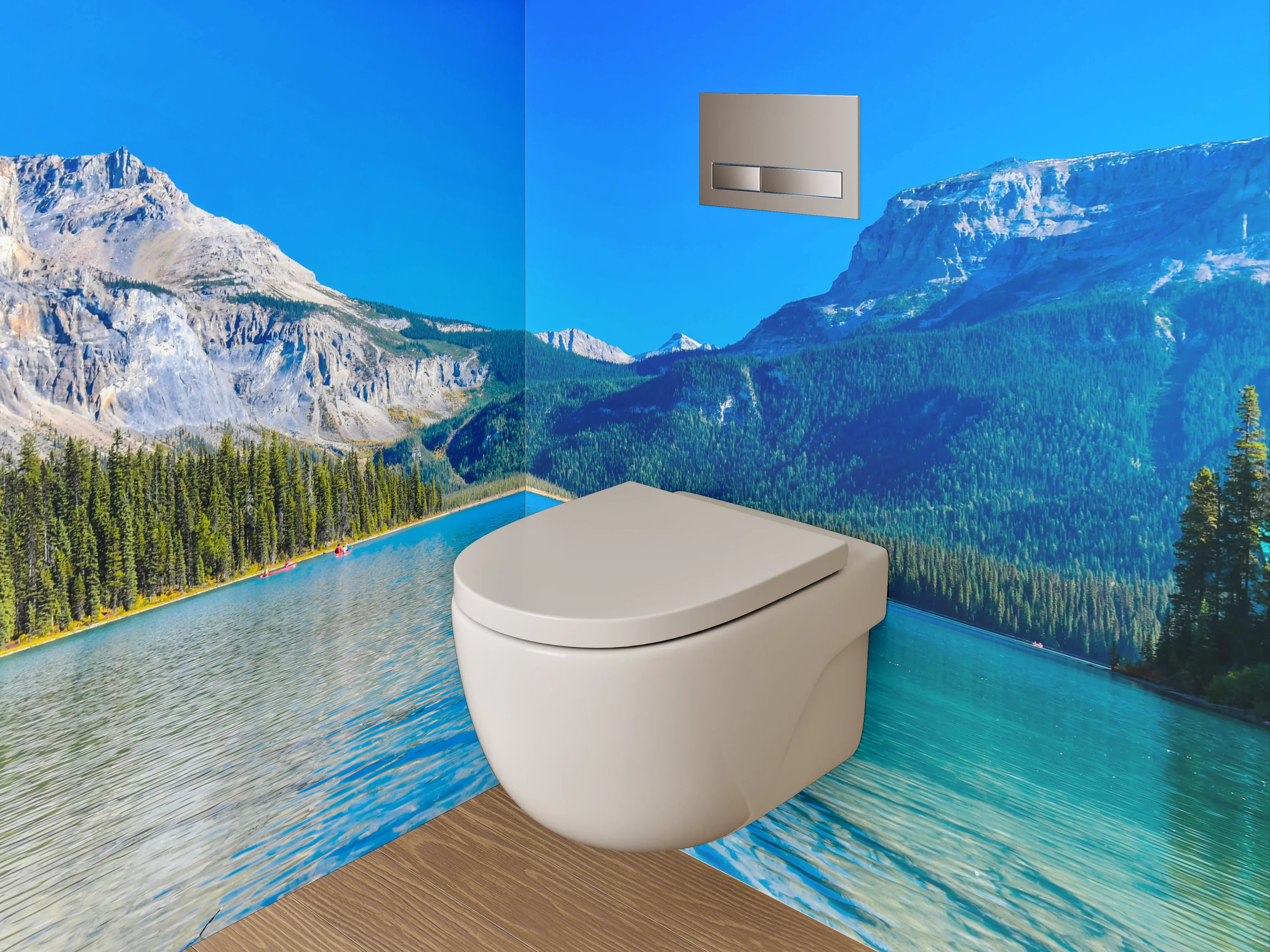 WC-Rückwand - Bergsee-Panorama mit Booten und Wald