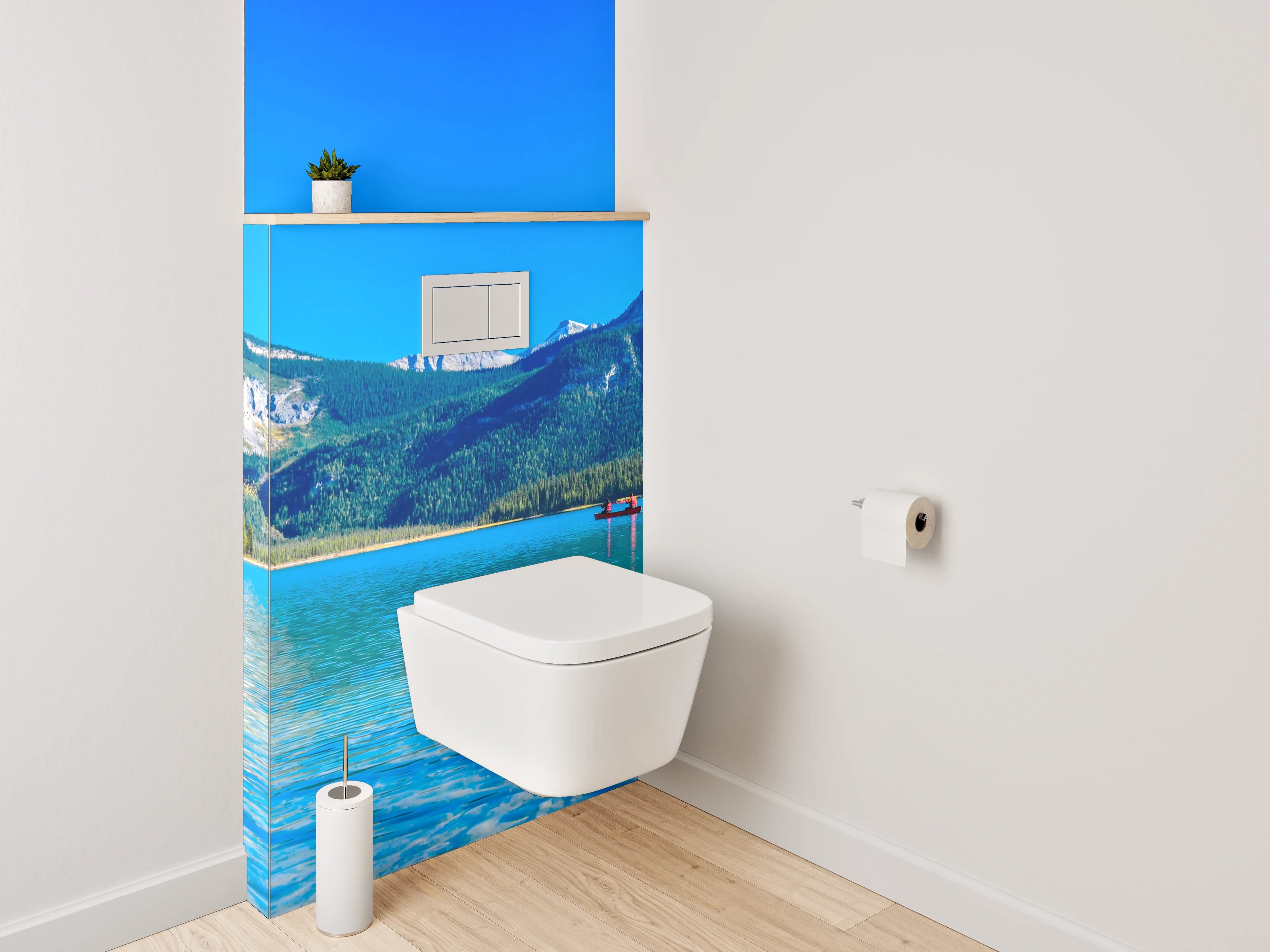 WC-Rückwand - Bergsee-Panorama mit Booten und Wald