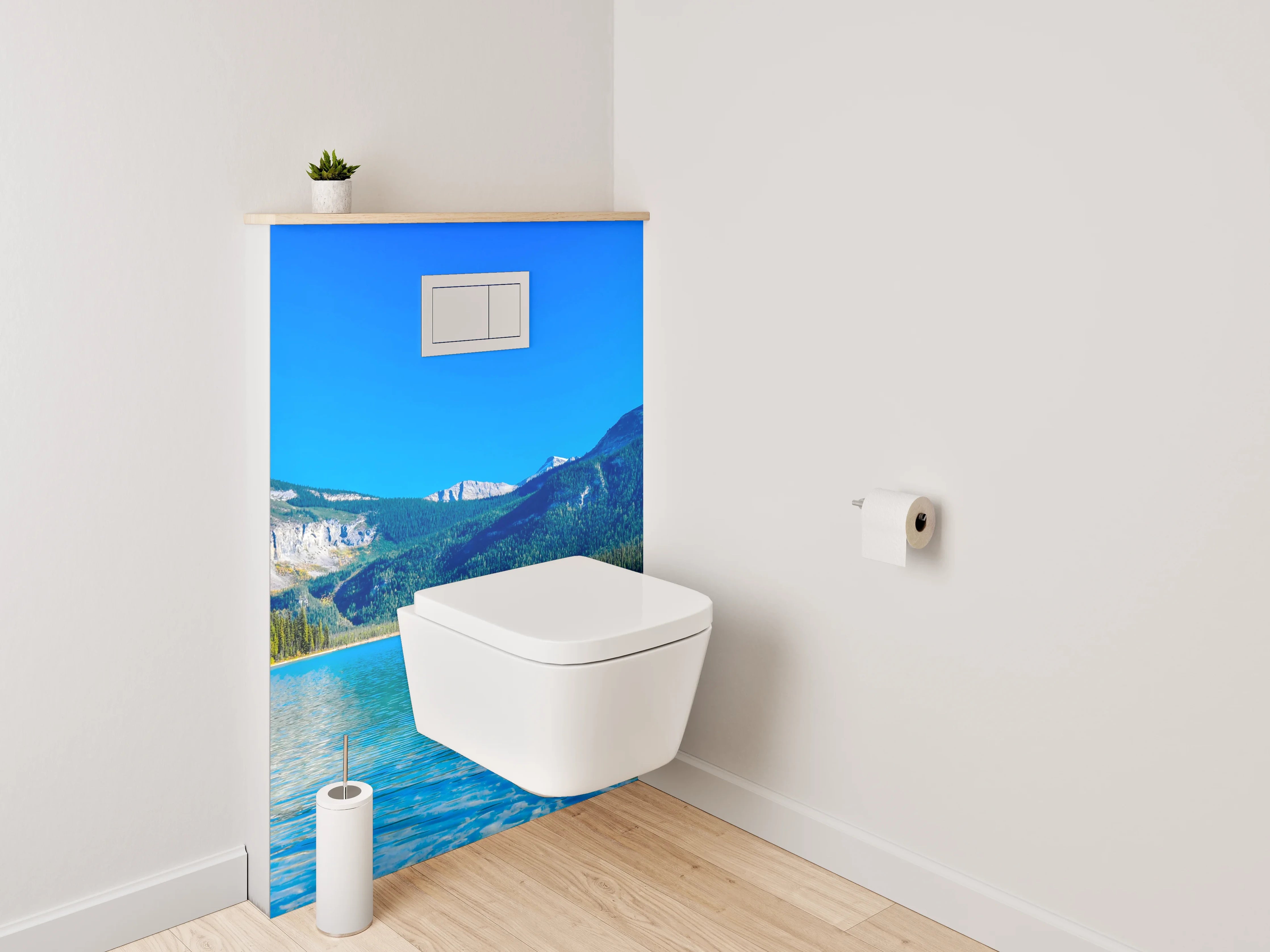 WC-Rückwand - Bergsee-Panorama mit Booten und Wald