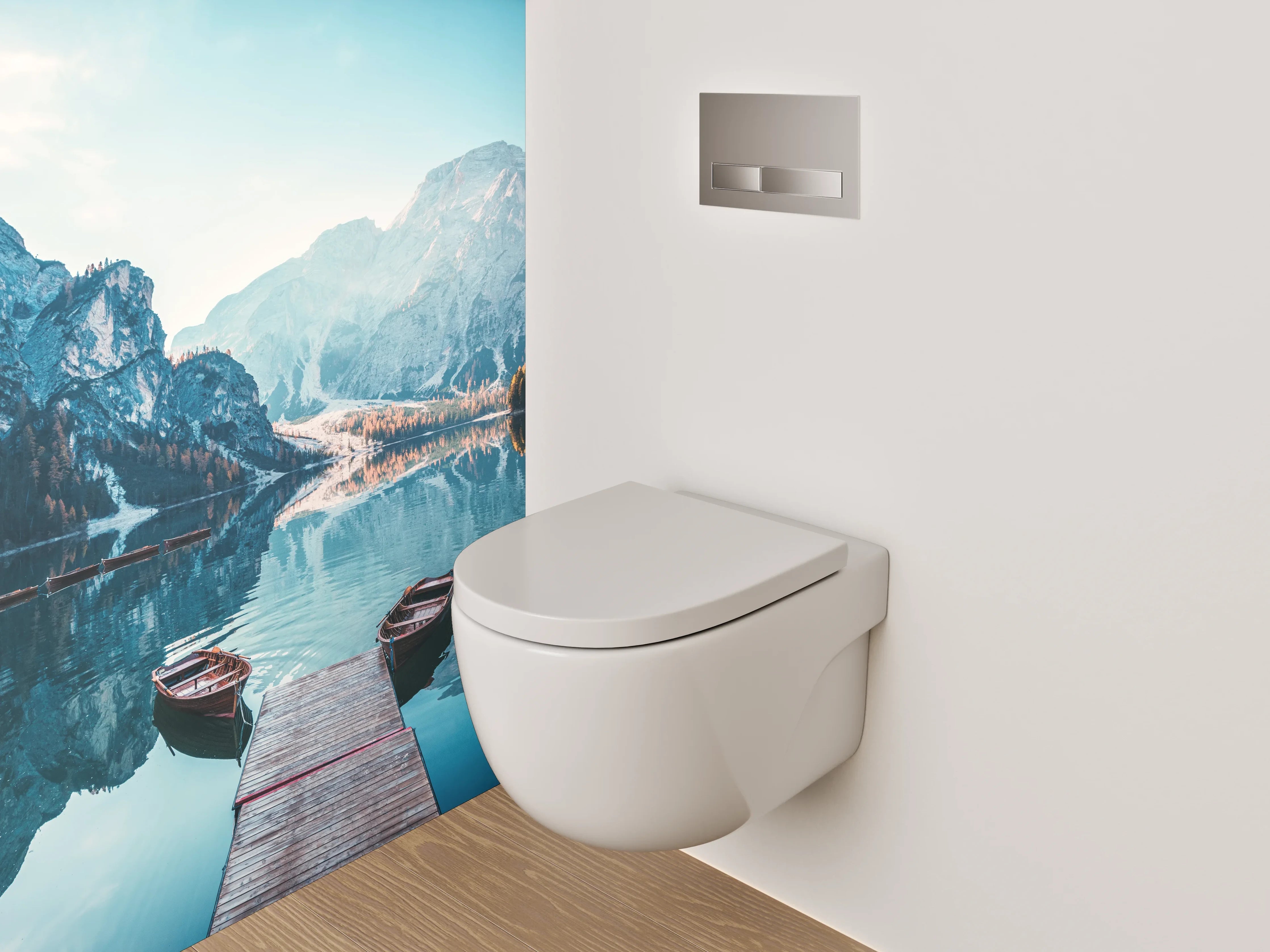 WC-Rückwand - Bergsee Panorama mit Holzsteg