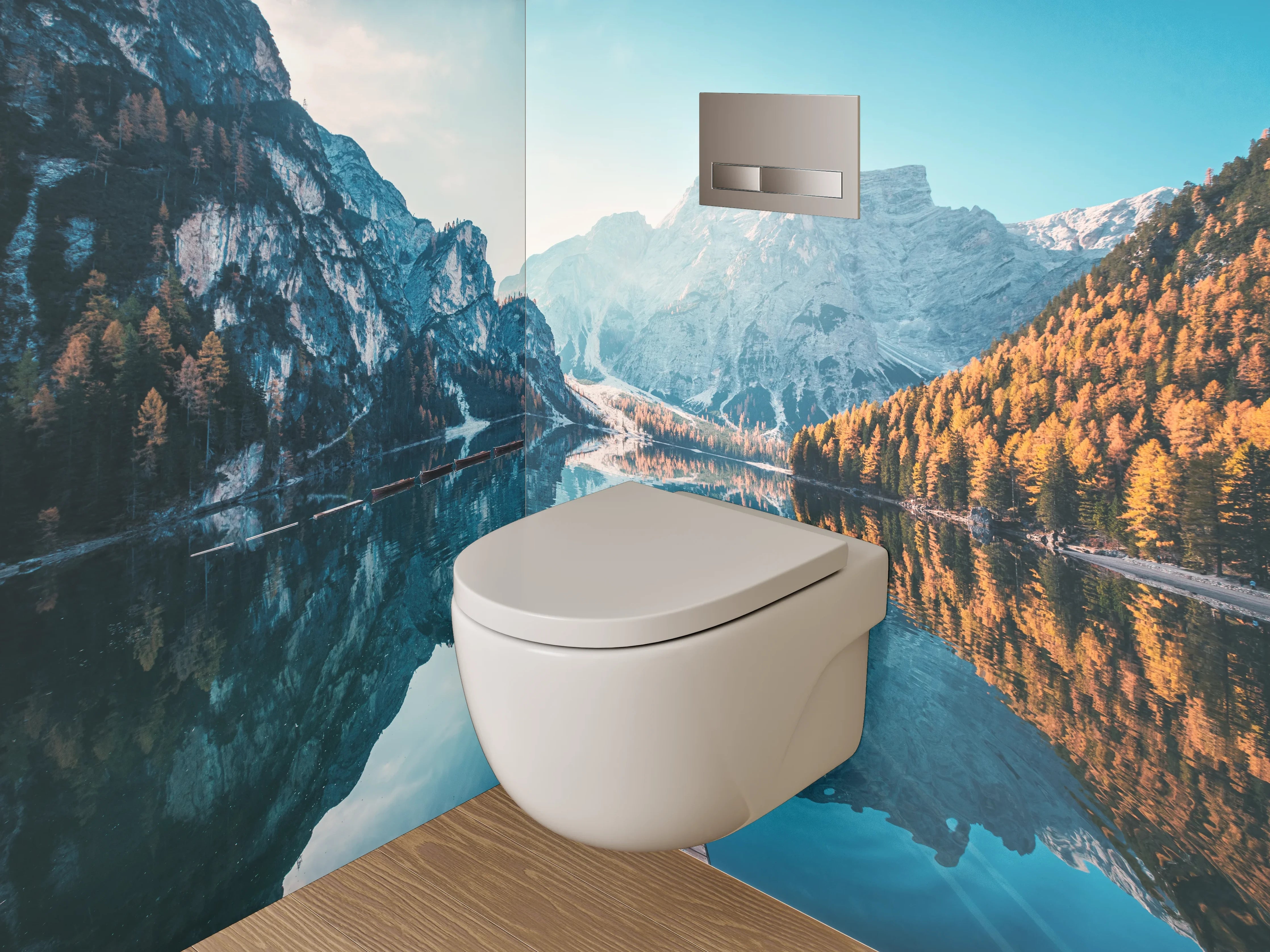 WC-Rückwand - Bergsee Panorama mit Holzsteg