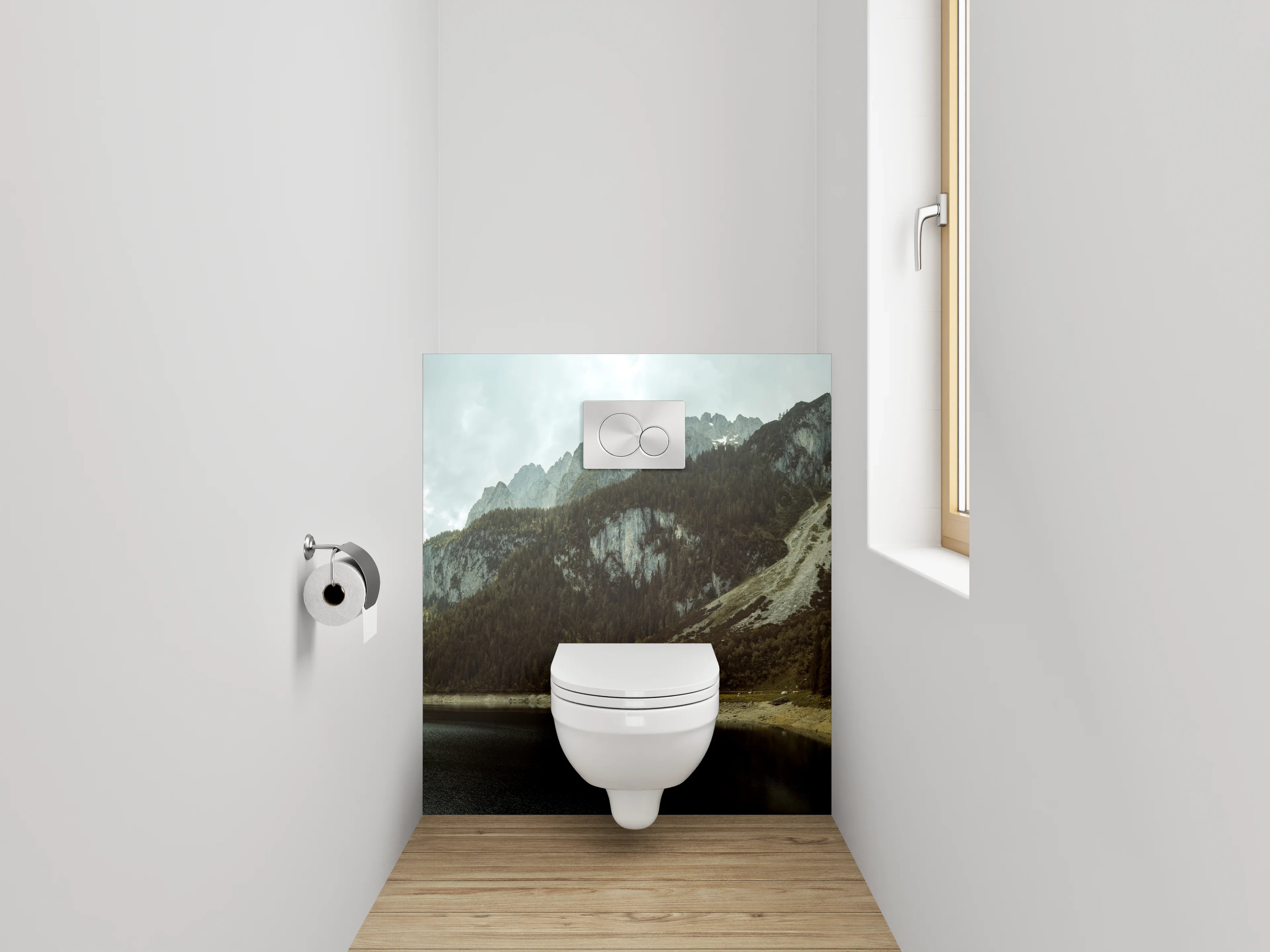 WC-Rückwand - Bergsee-Panorama mit Wäldern und Gipfeln
