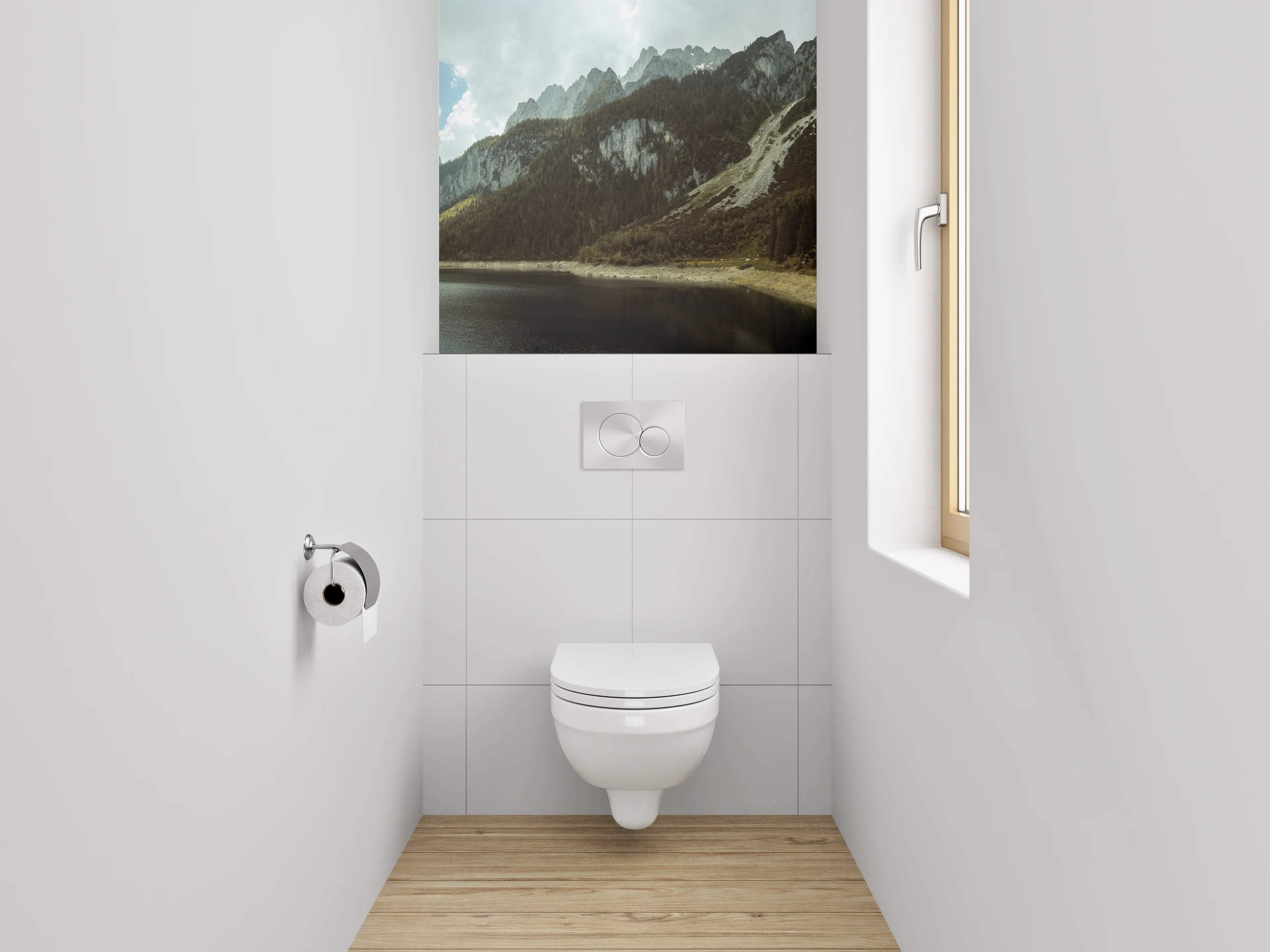 WC-Rückwand - Bergsee-Panorama mit Wäldern und Gipfeln