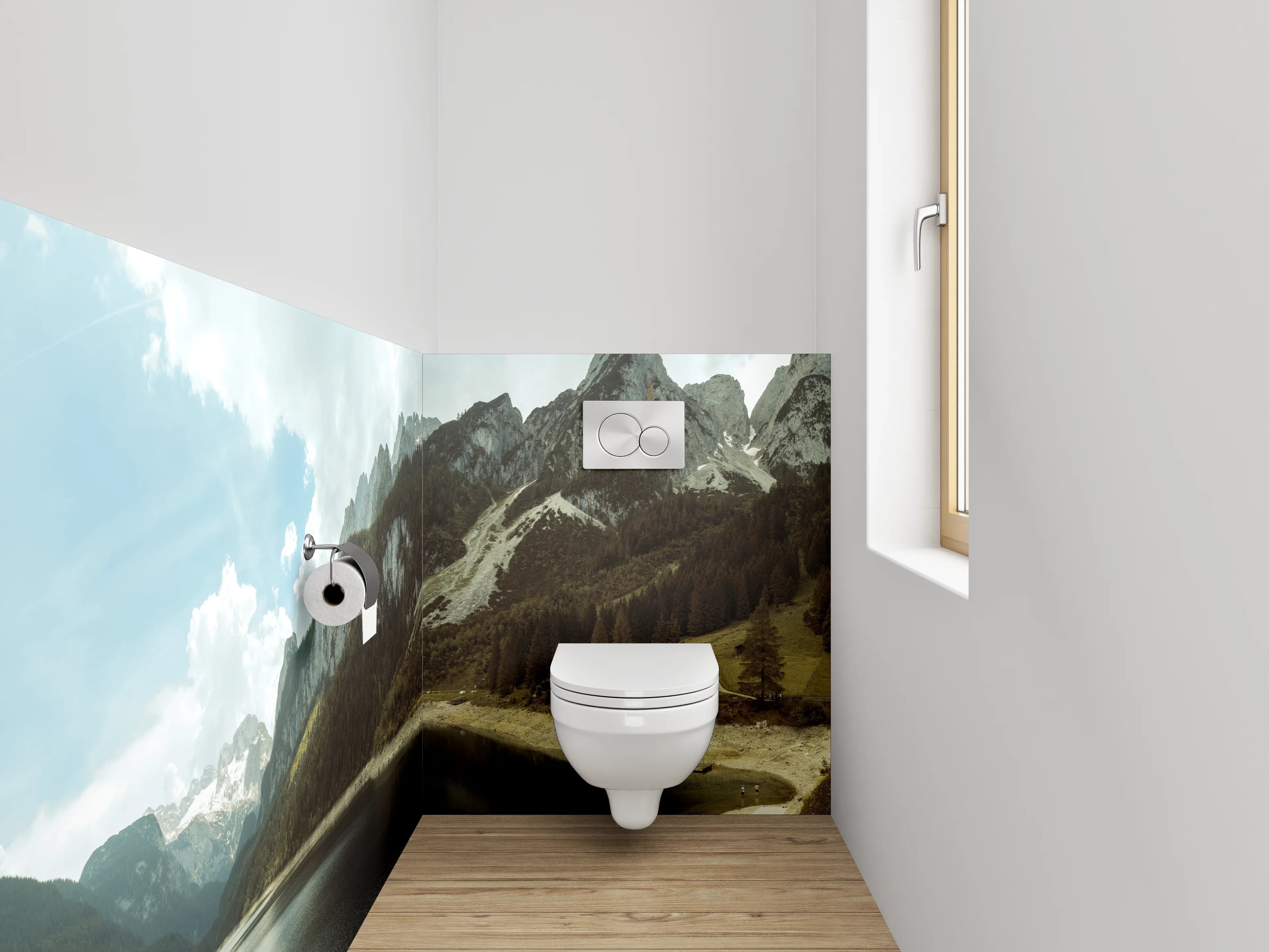 WC-Rückwand - Bergsee-Panorama mit Wäldern und Gipfeln