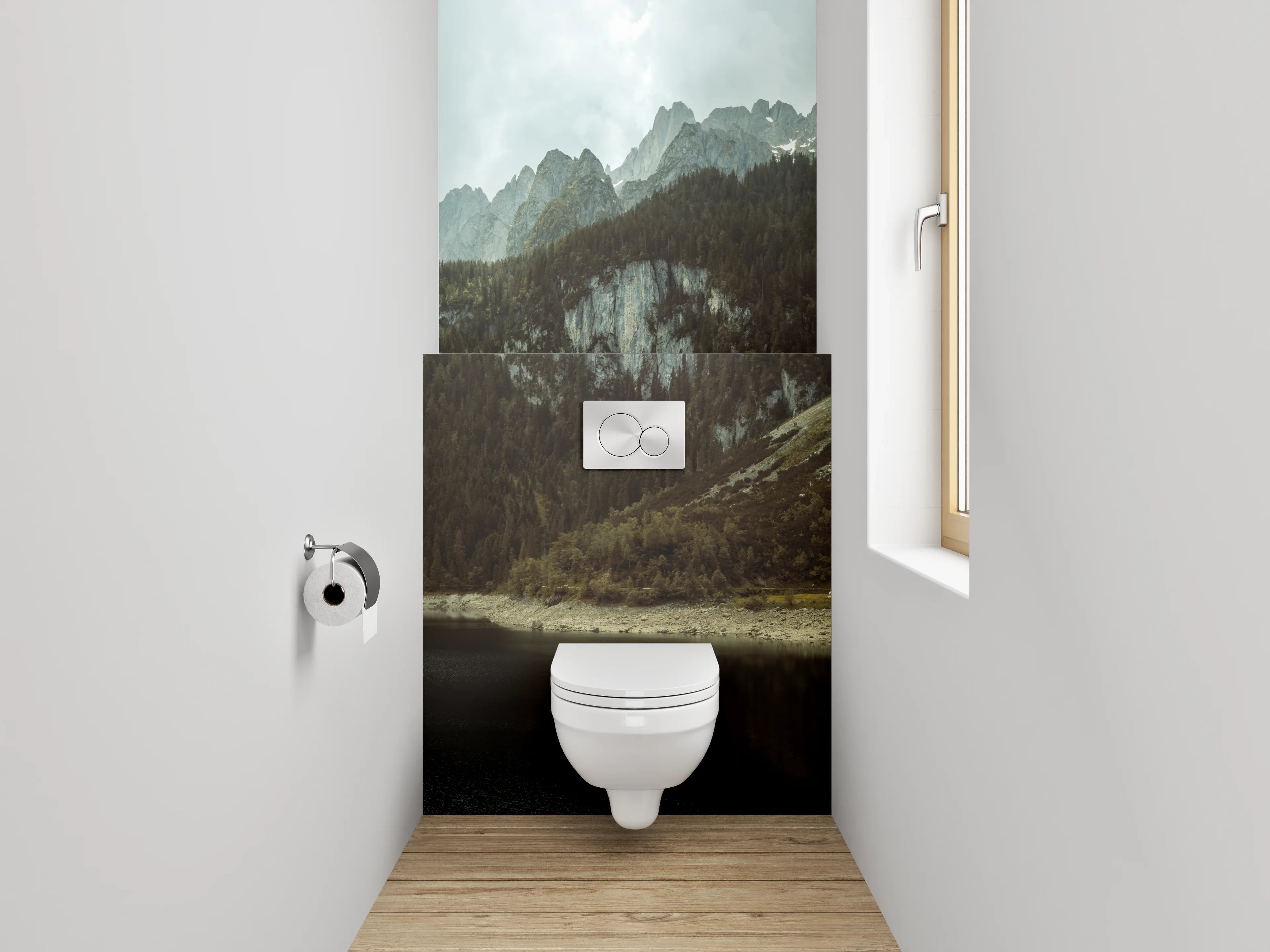 WC-Rückwand - Bergsee-Panorama mit Wäldern und Gipfeln