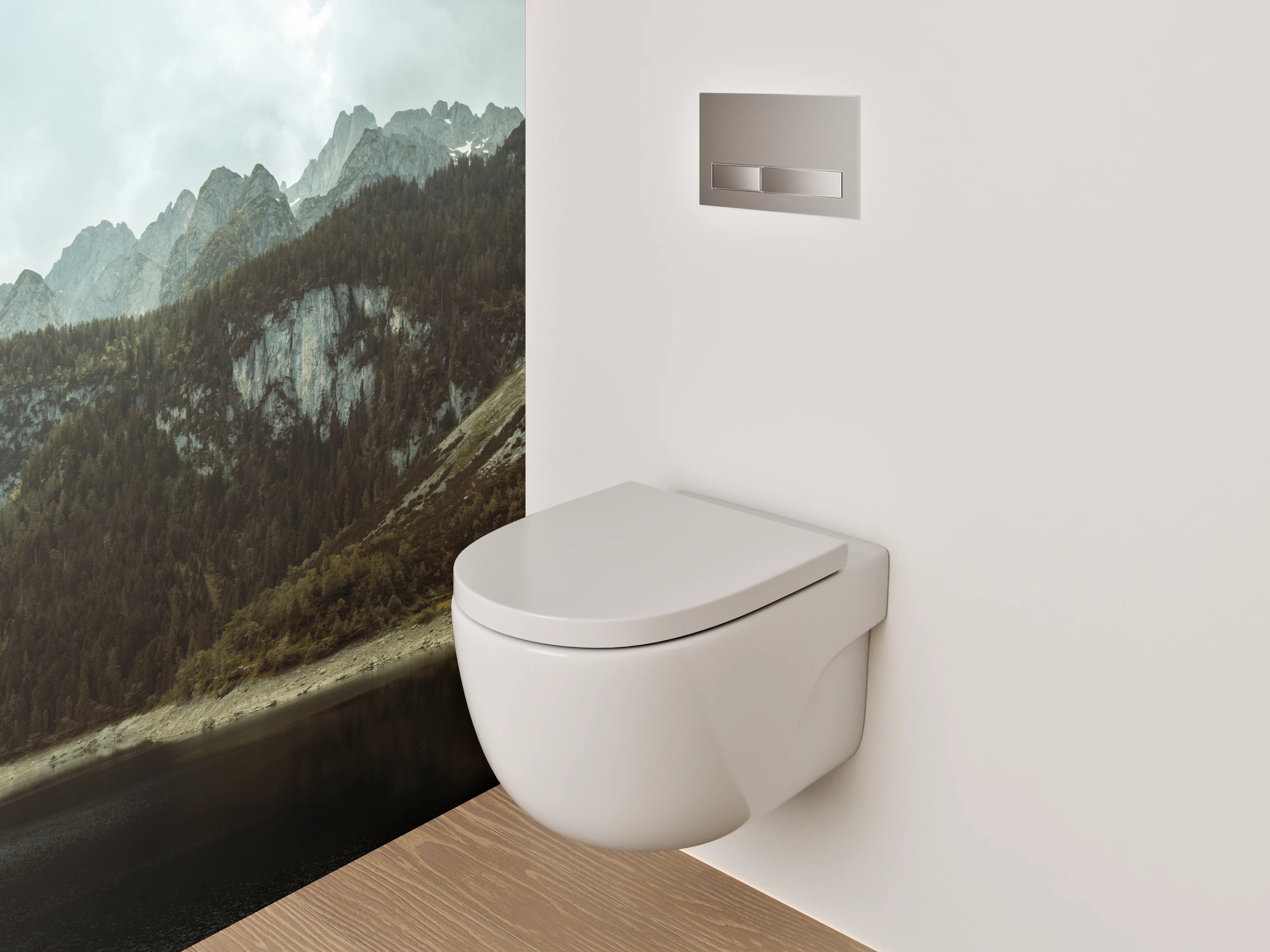 WC-Rückwand - Bergsee-Panorama mit Wäldern und Gipfeln