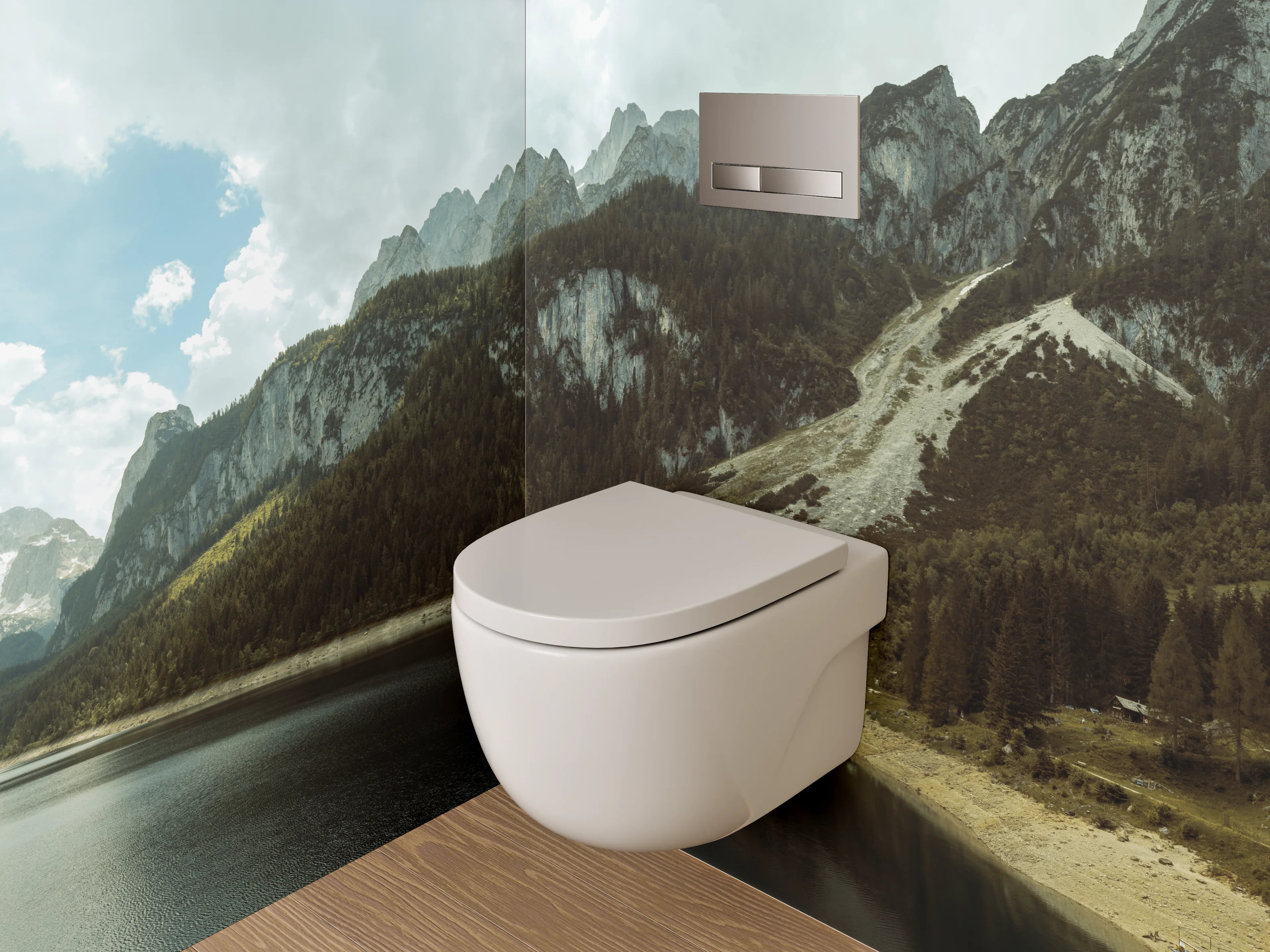 WC-Rückwand - Bergsee-Panorama mit Wäldern und Gipfeln