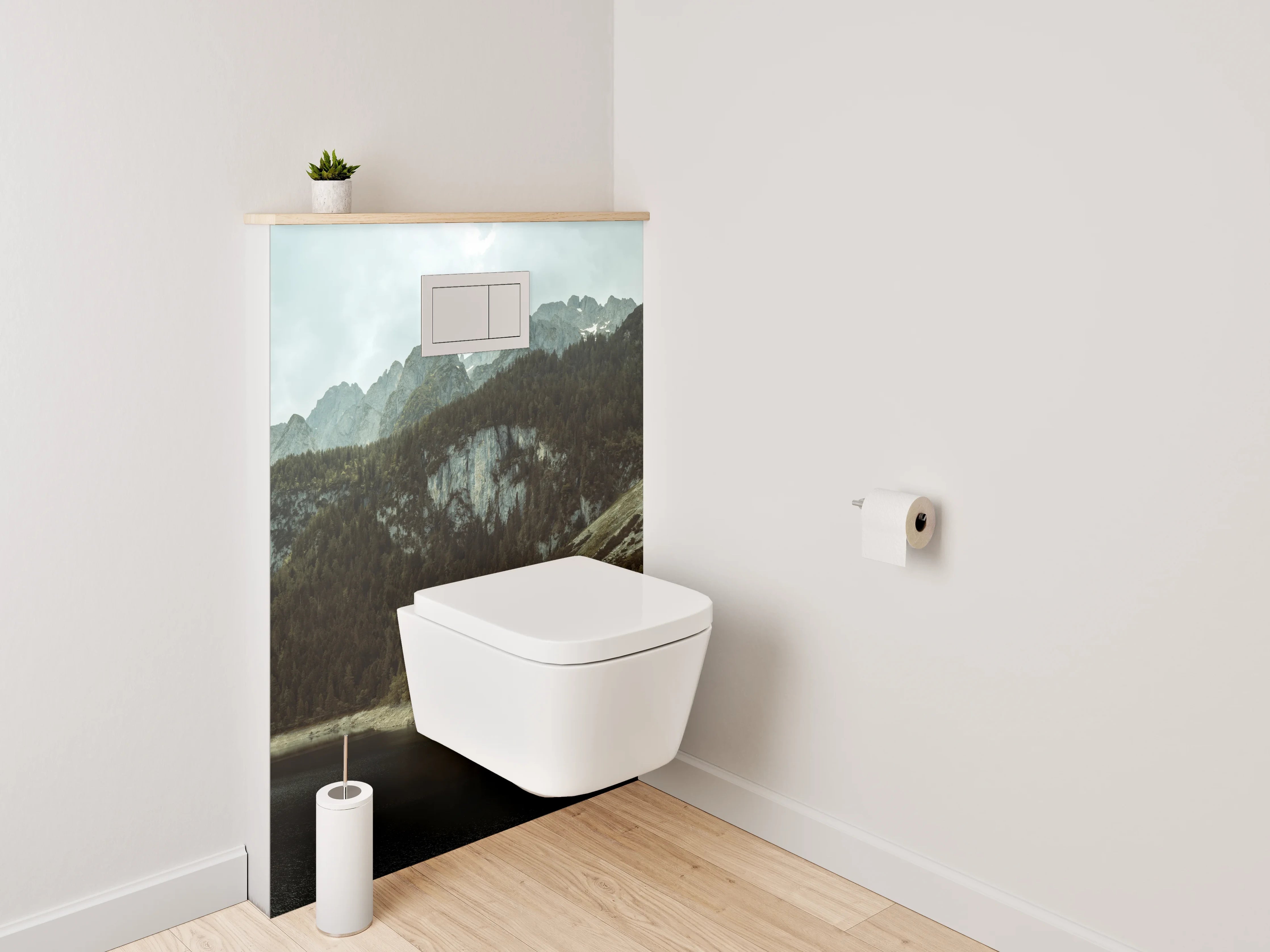 WC-Rückwand - Bergsee-Panorama mit Wäldern und Gipfeln