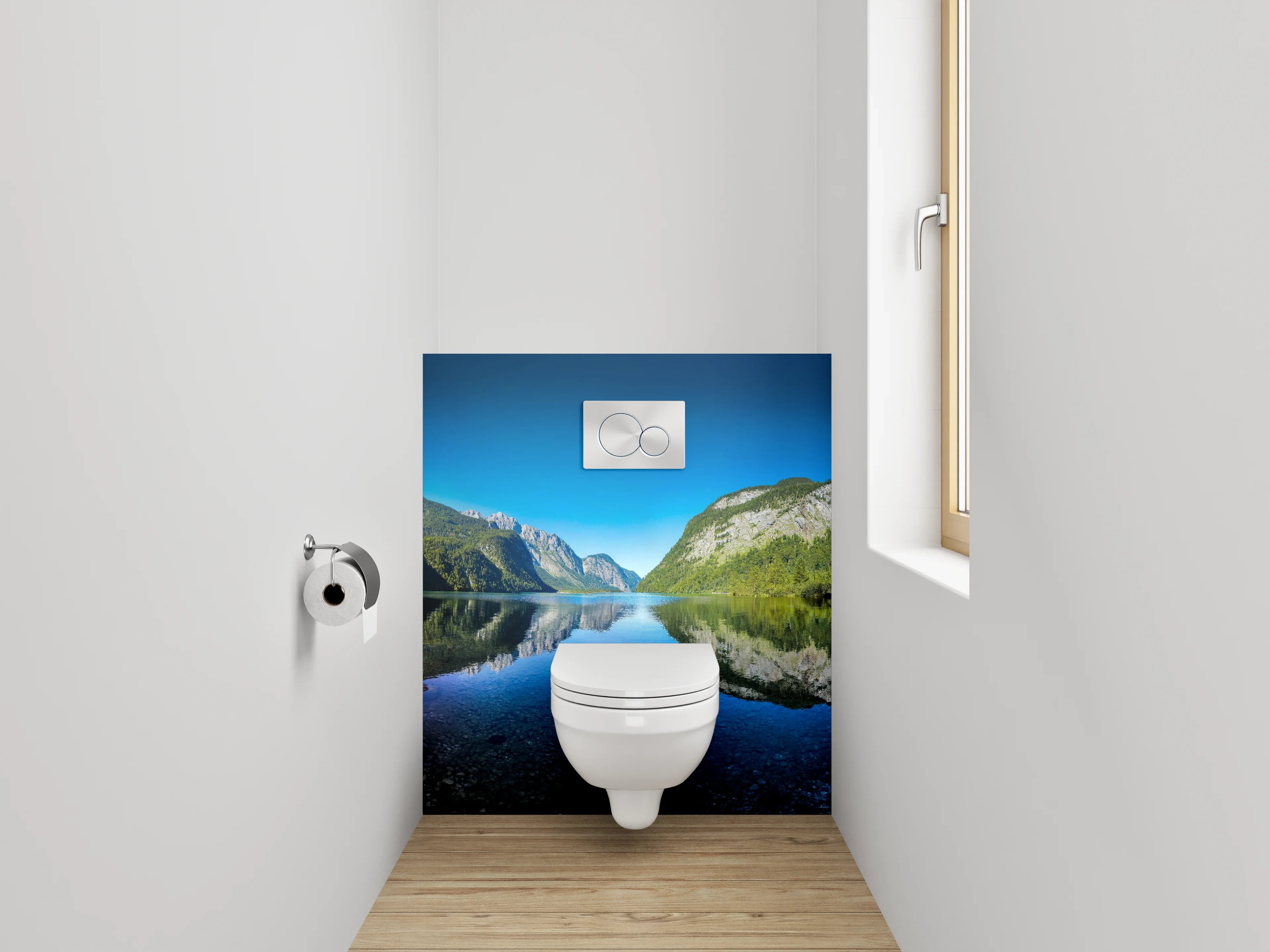 WC-Rückwand - Bergsee-Panorama mit klarer Spiegelung