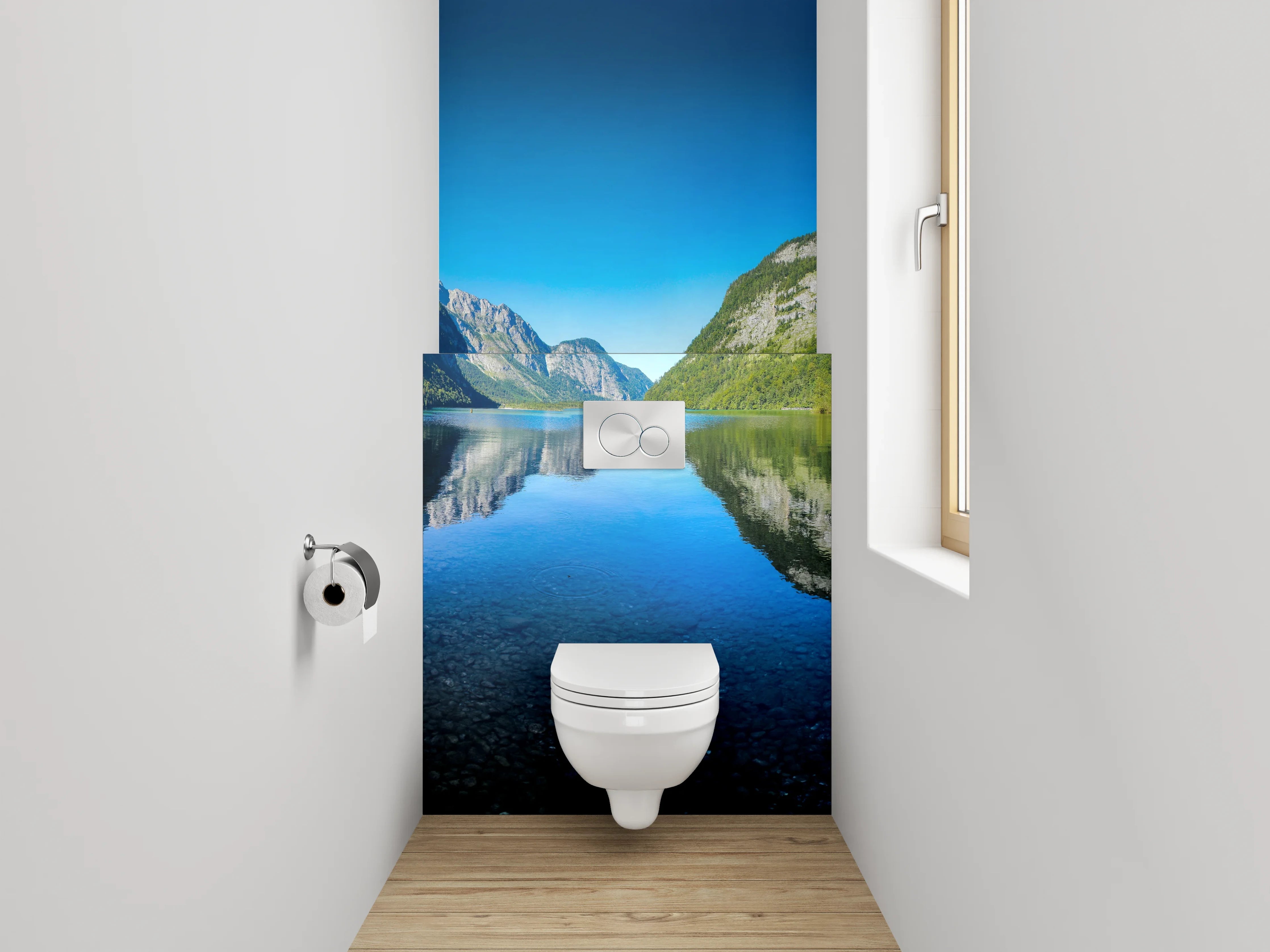 WC-Rückwand - Bergsee-Panorama mit klarer Spiegelung