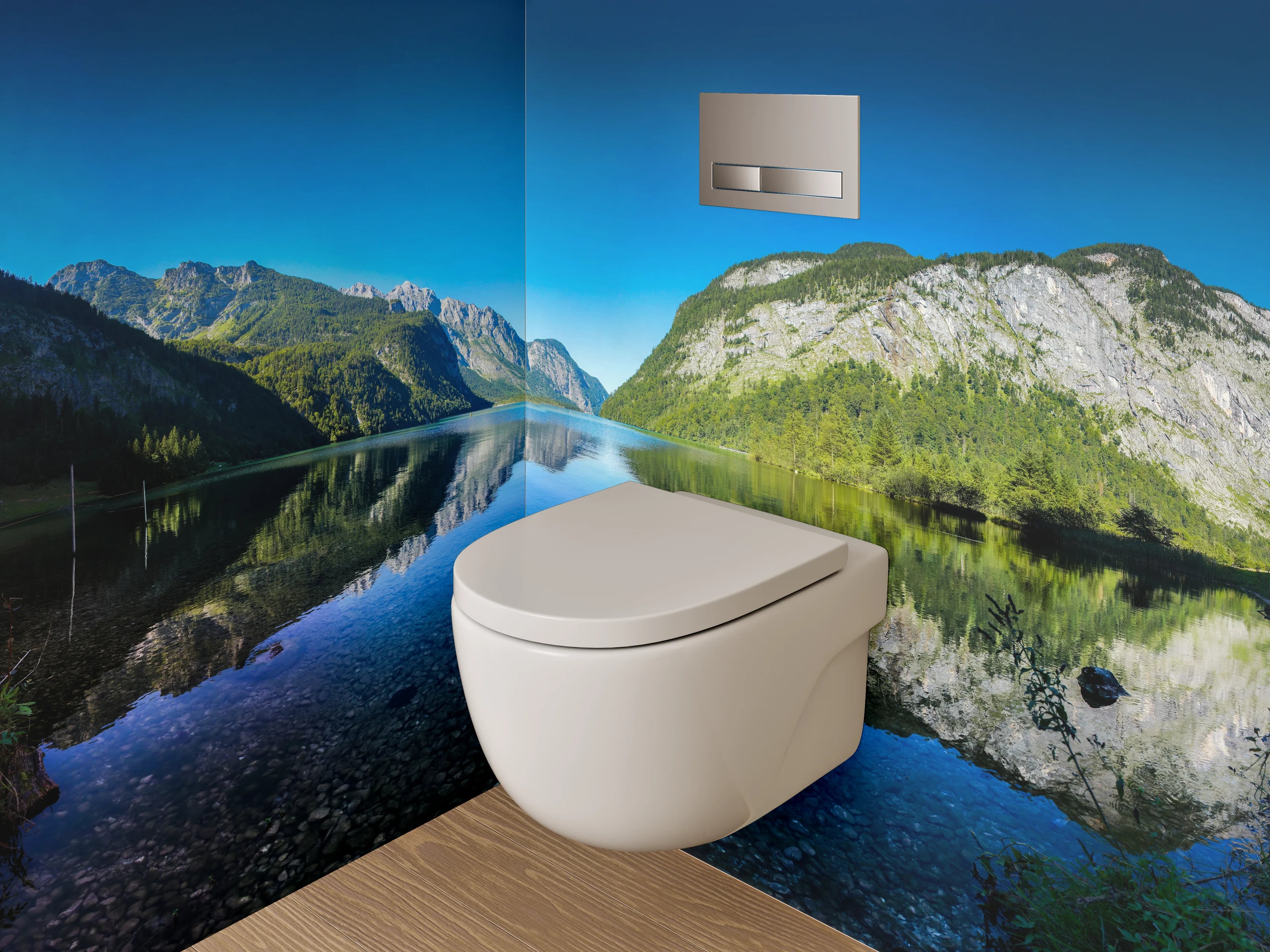 WC-Rückwand - Bergsee-Panorama mit klarer Spiegelung