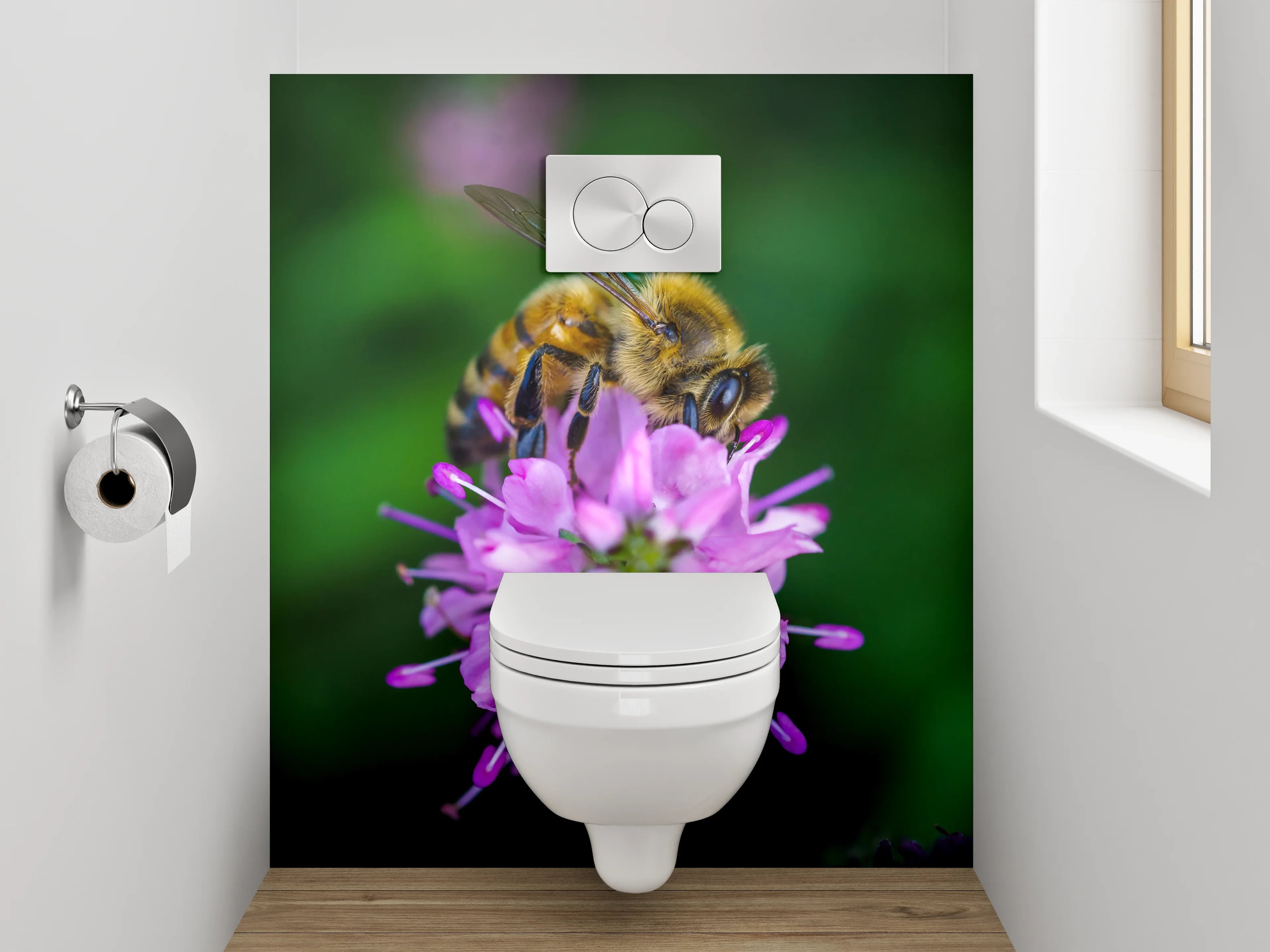 WC-Rückwand - Biene auf pinker Blüte Makrofotografie
