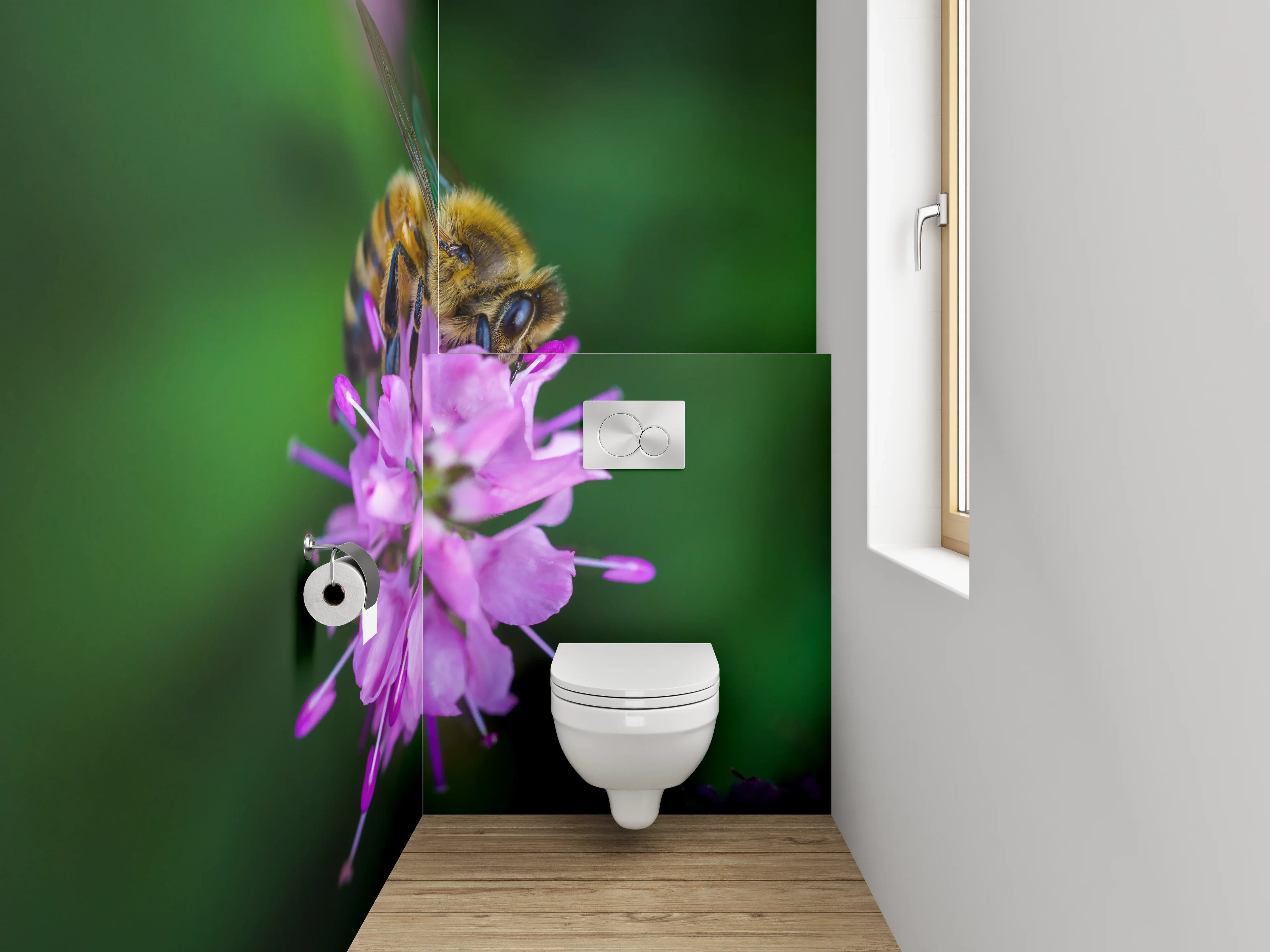 WC-Rückwand - Biene auf pinker Blüte Makrofotografie