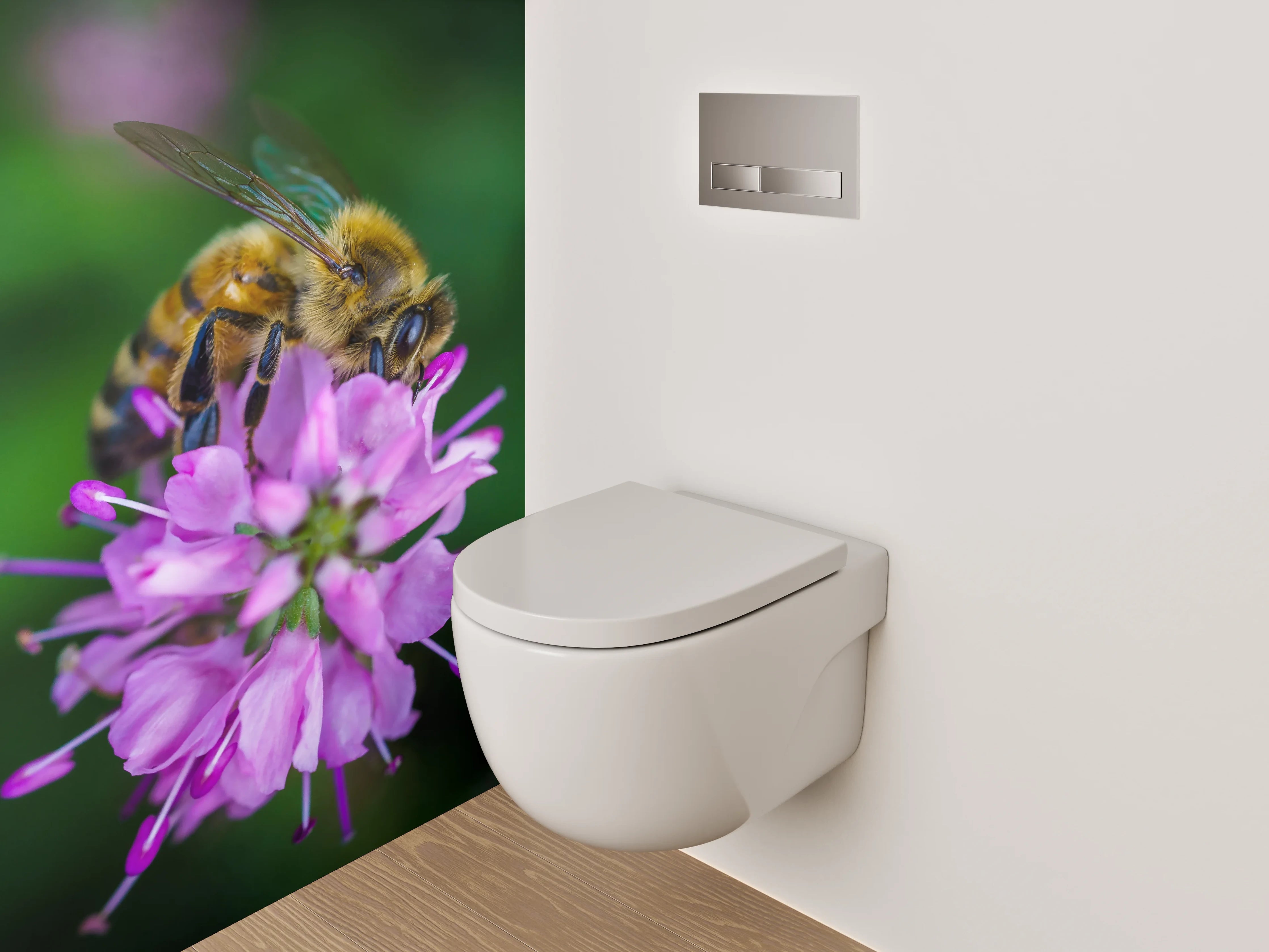 WC-Rückwand - Biene auf pinker Blüte Makrofotografie
