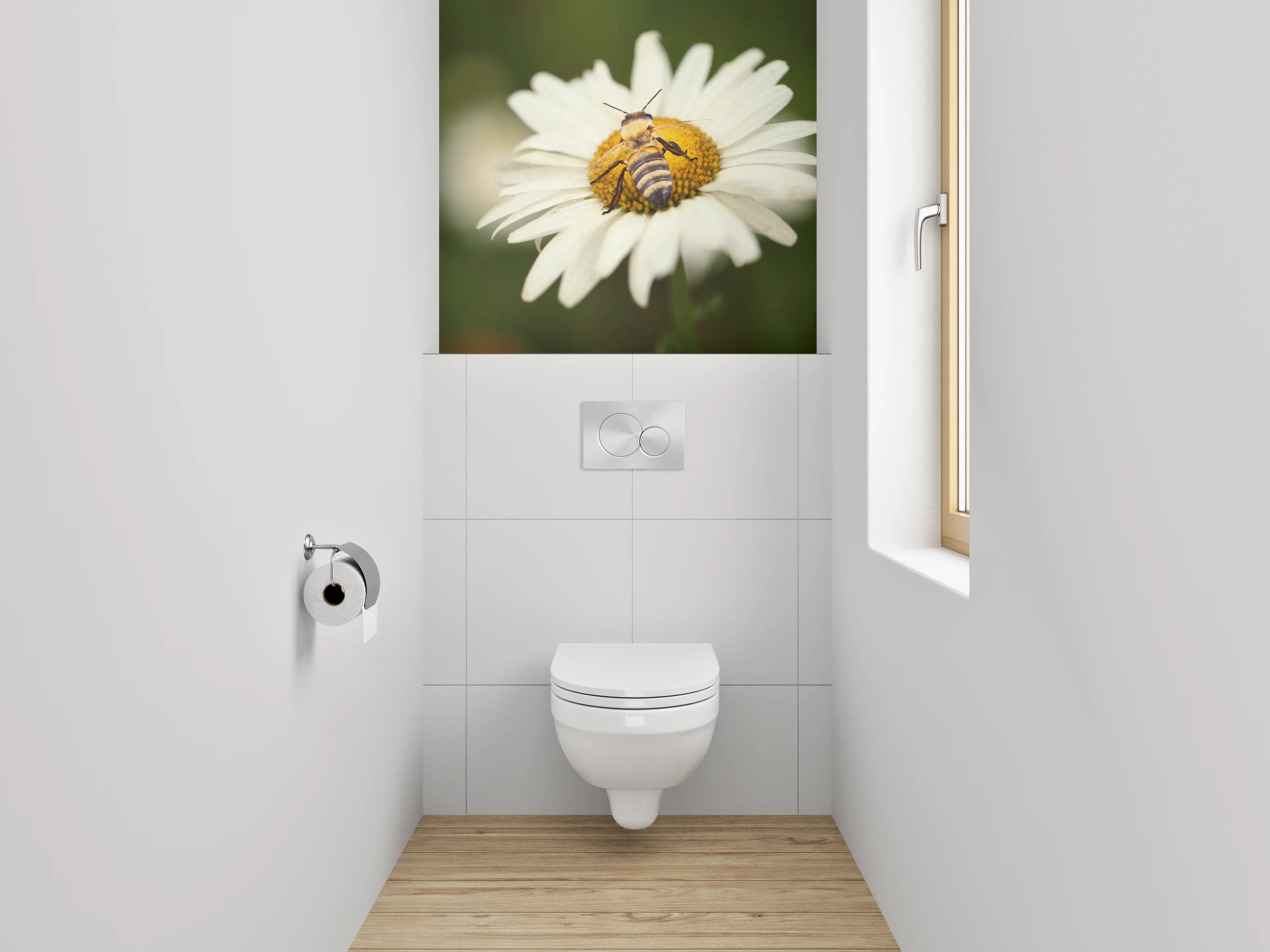 WC-Rückwand - Biene auf weißer Blüte Makro