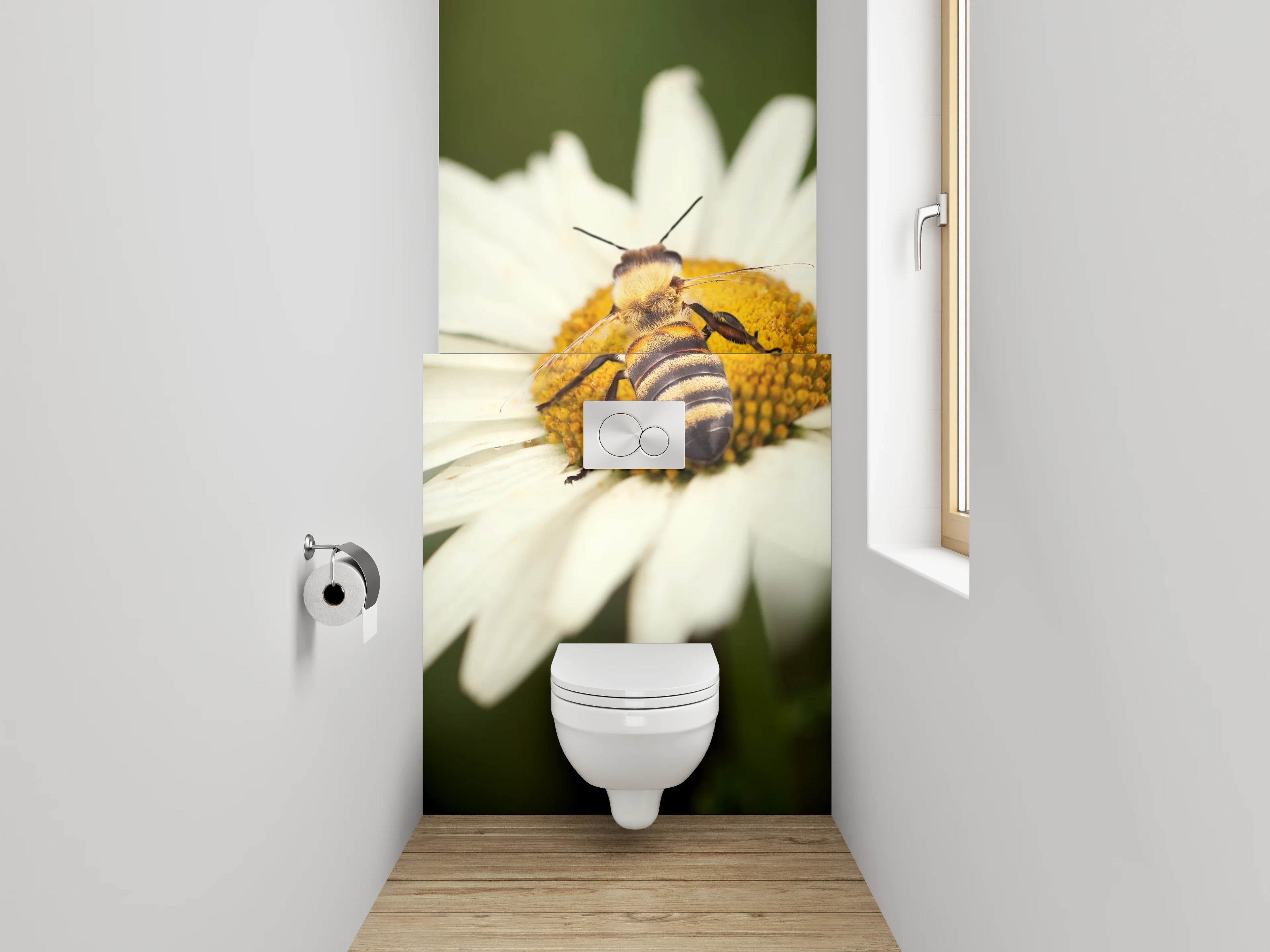 WC-Rückwand - Biene auf weißer Blüte Makro