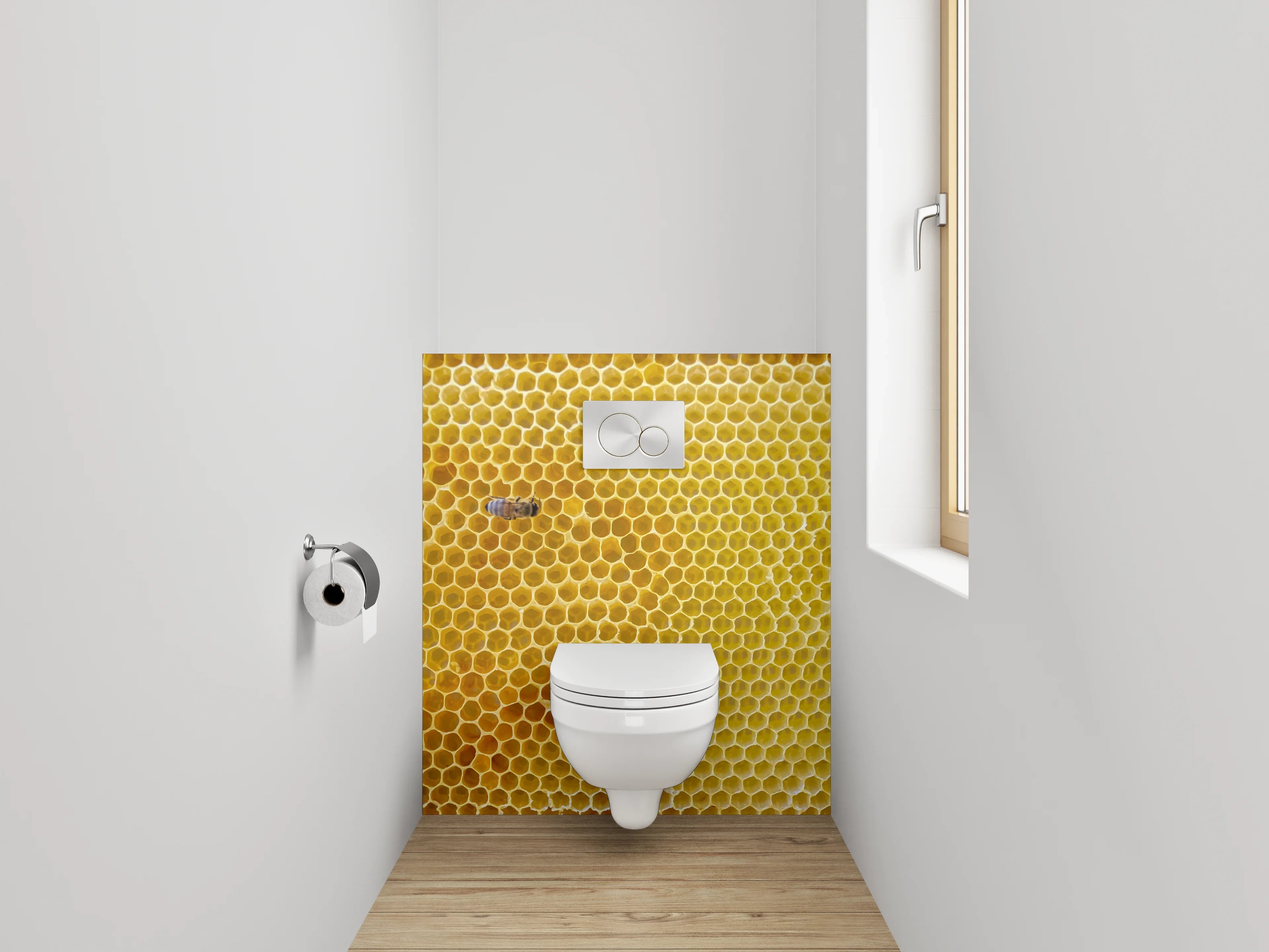 WC-Rückwand - Bienenwabe und Biene Makrofoto