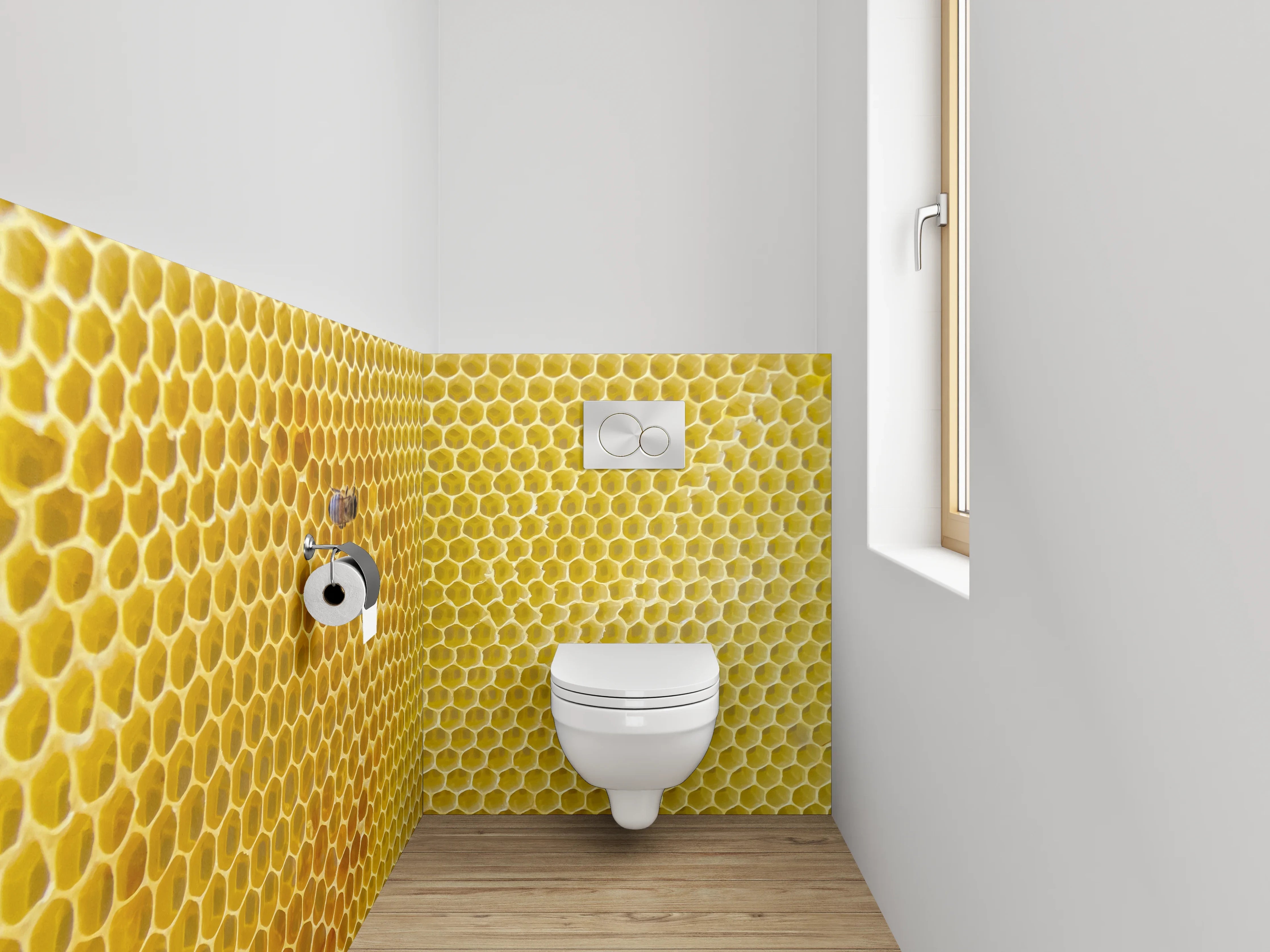 WC-Rückwand - Bienenwabe und Biene Makrofoto