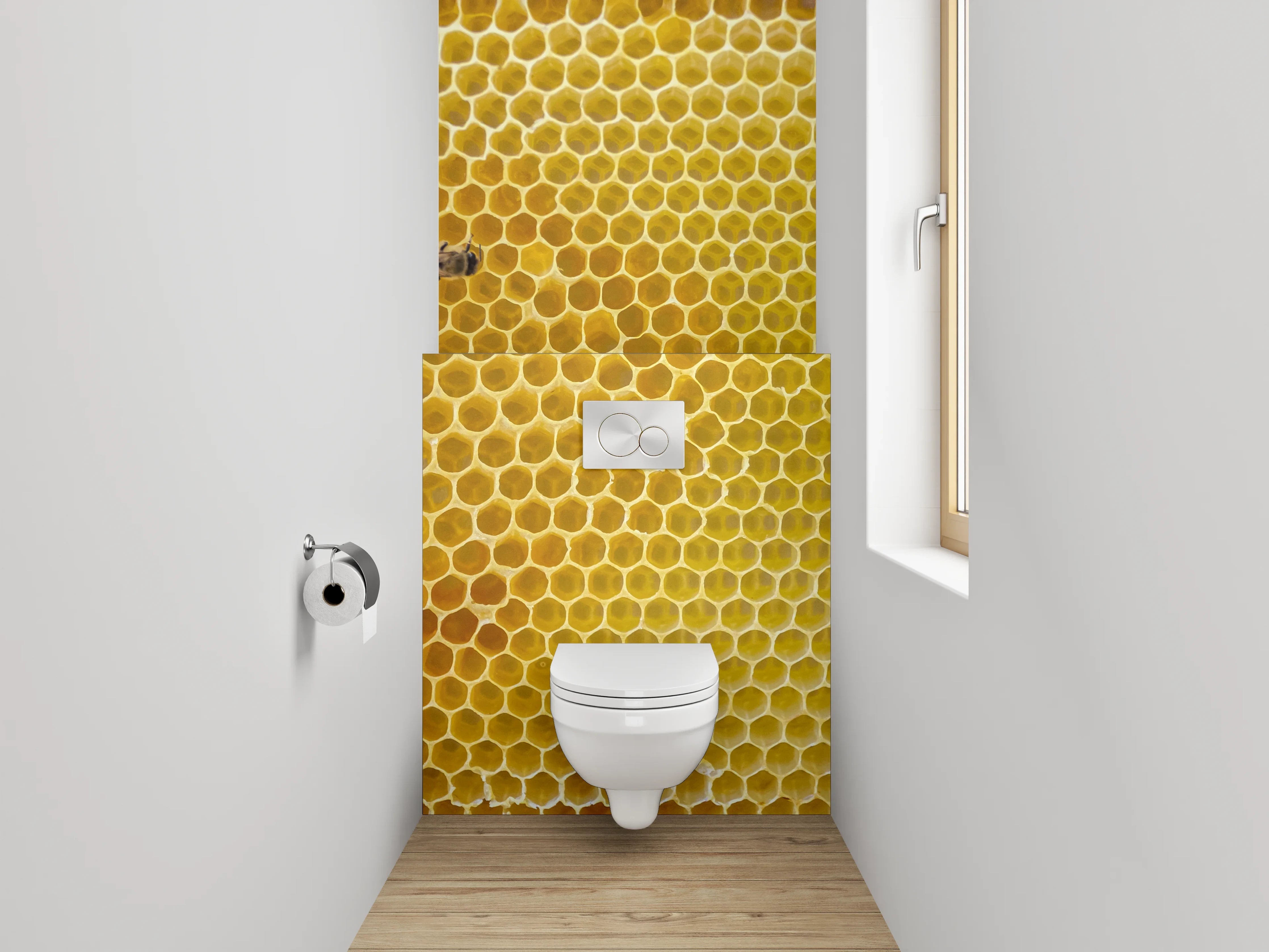 WC-Rückwand - Bienenwabe und Biene Makrofoto