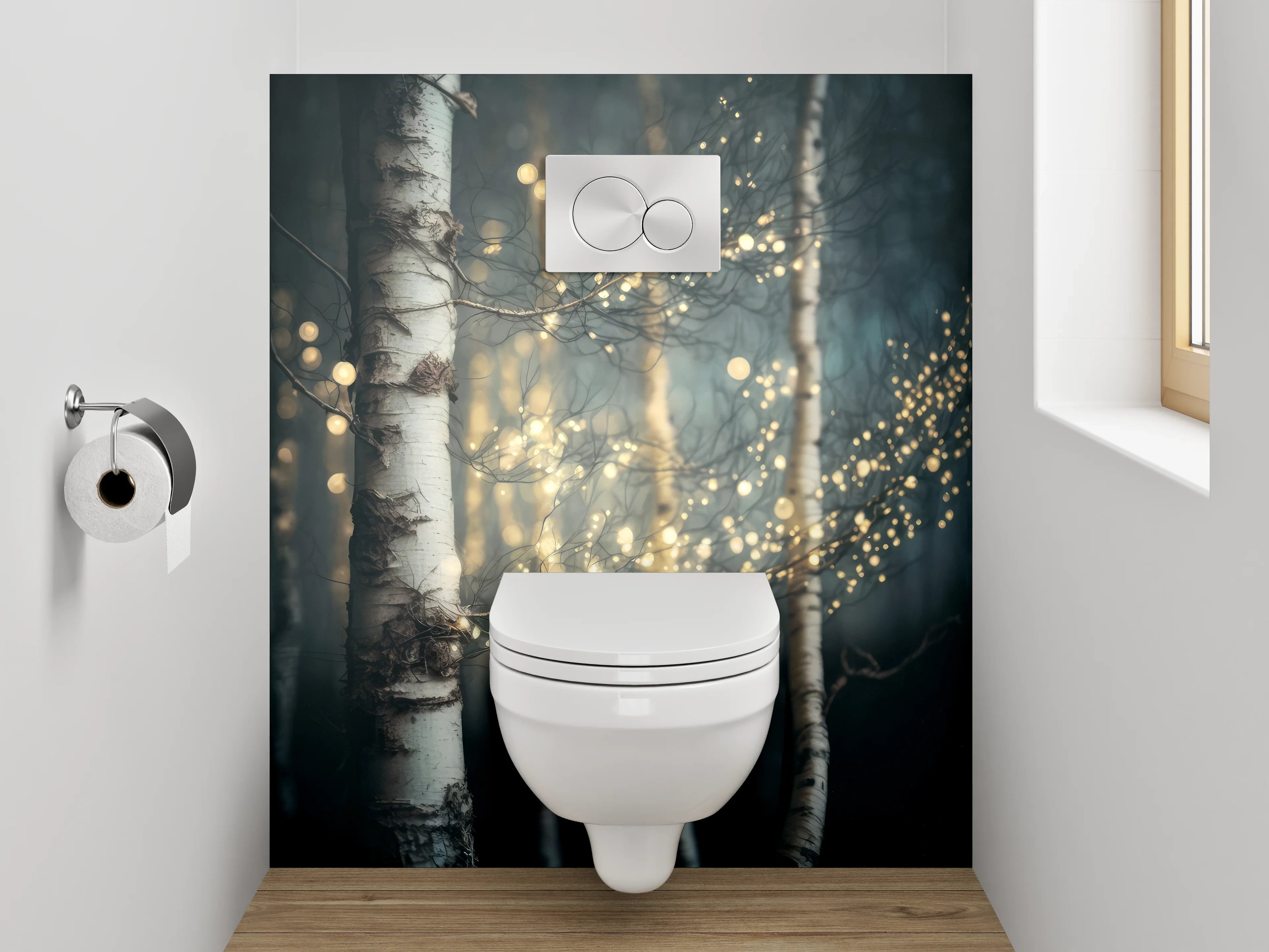 WC-Rückwand - Birkenwald mit Lichterzauber