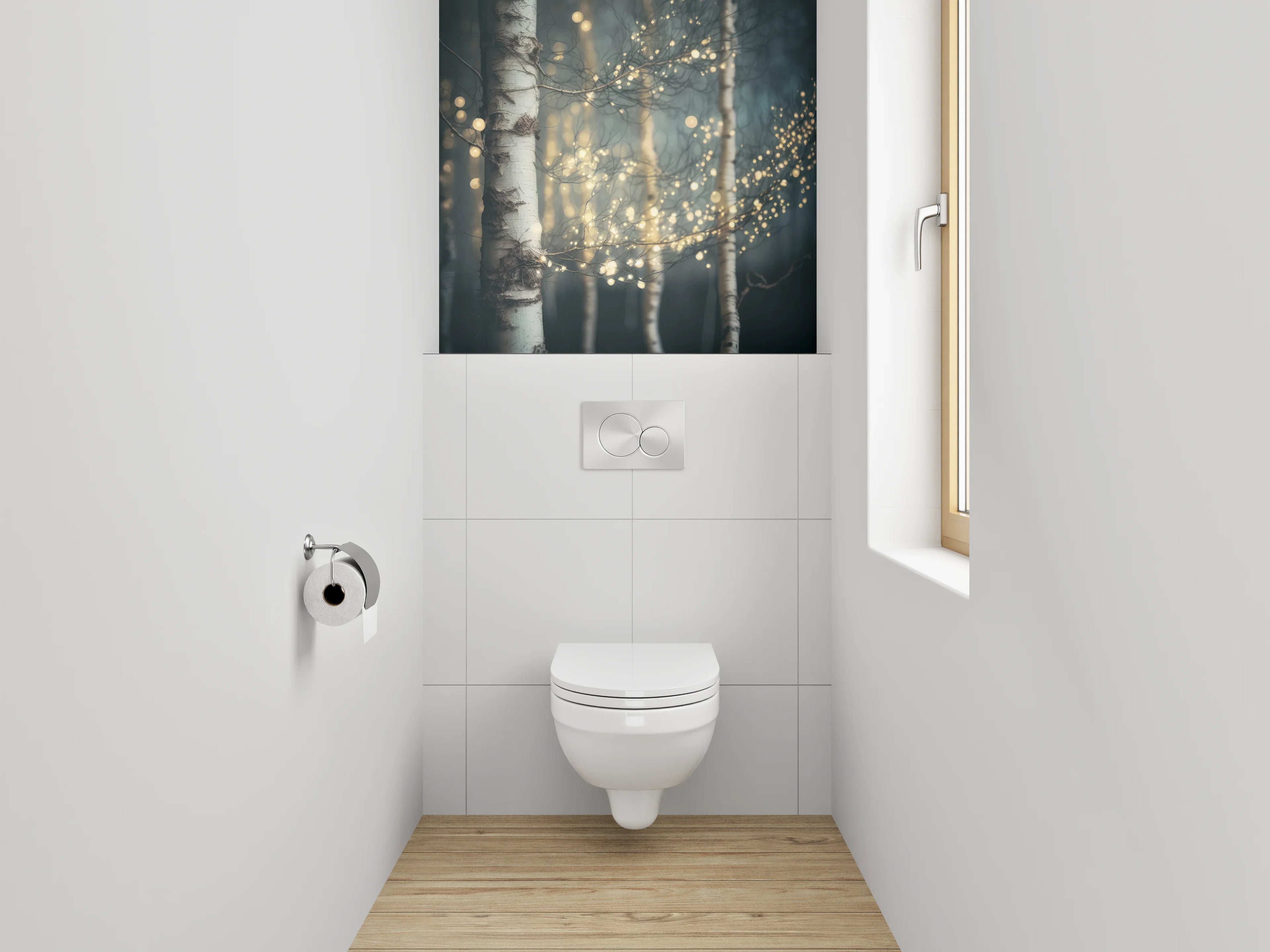 WC-Rückwand - Birkenwald mit Lichterzauber