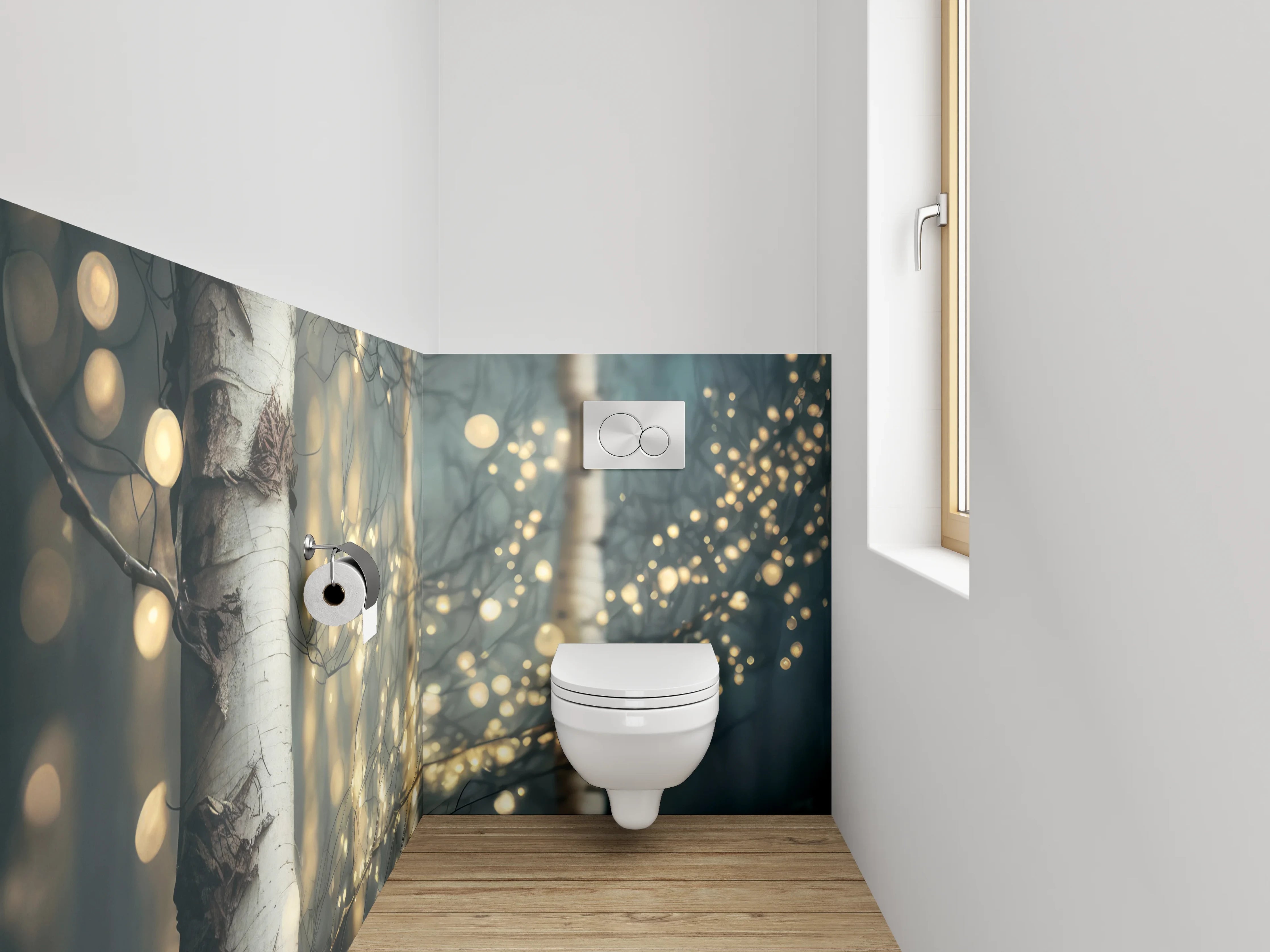 WC-Rückwand - Birkenwald mit Lichterzauber