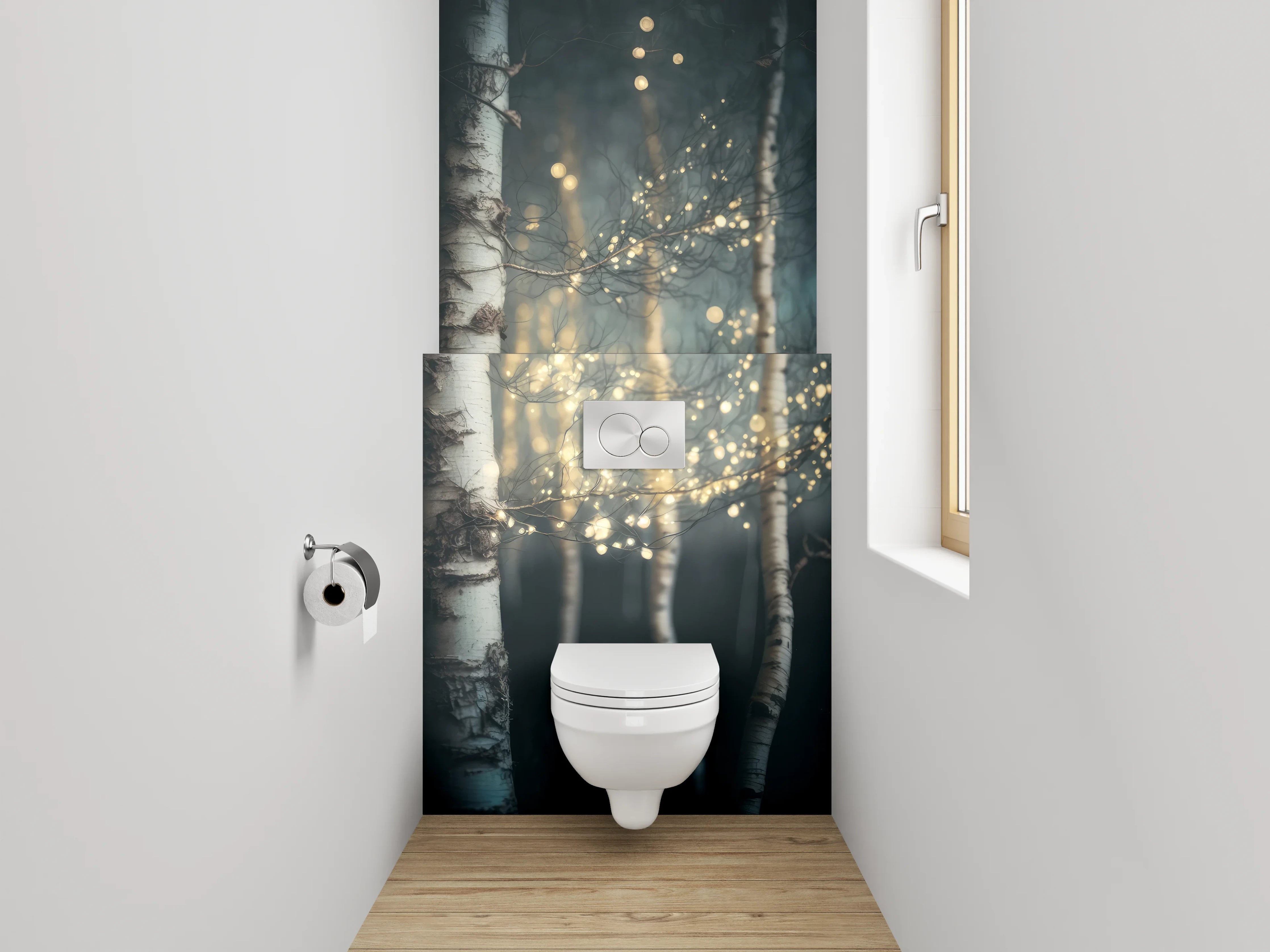 WC-Rückwand - Birkenwald mit Lichterzauber