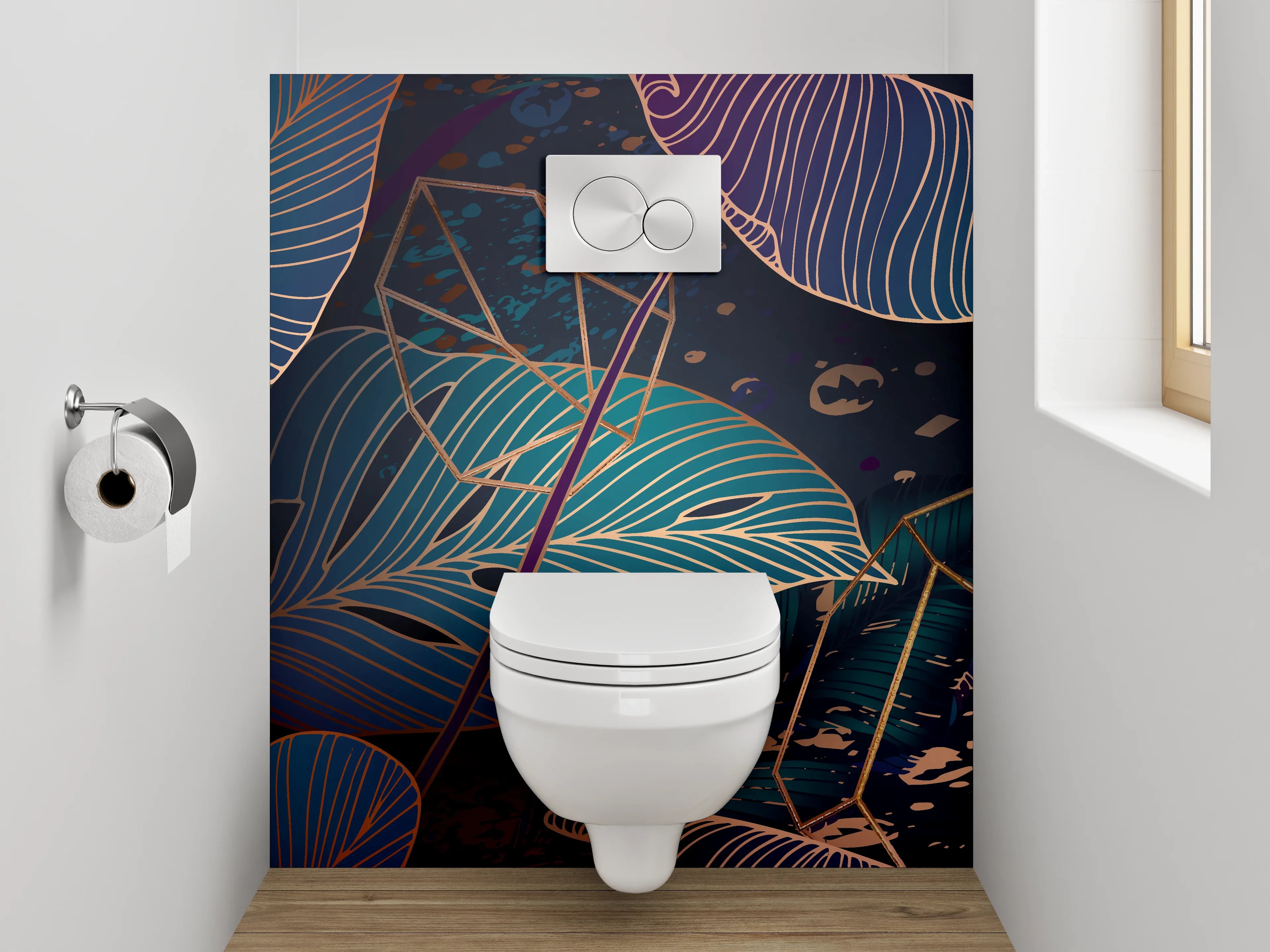 WC-Rückwand - Blätter Lineart Dschungelmotiv Blau Lila