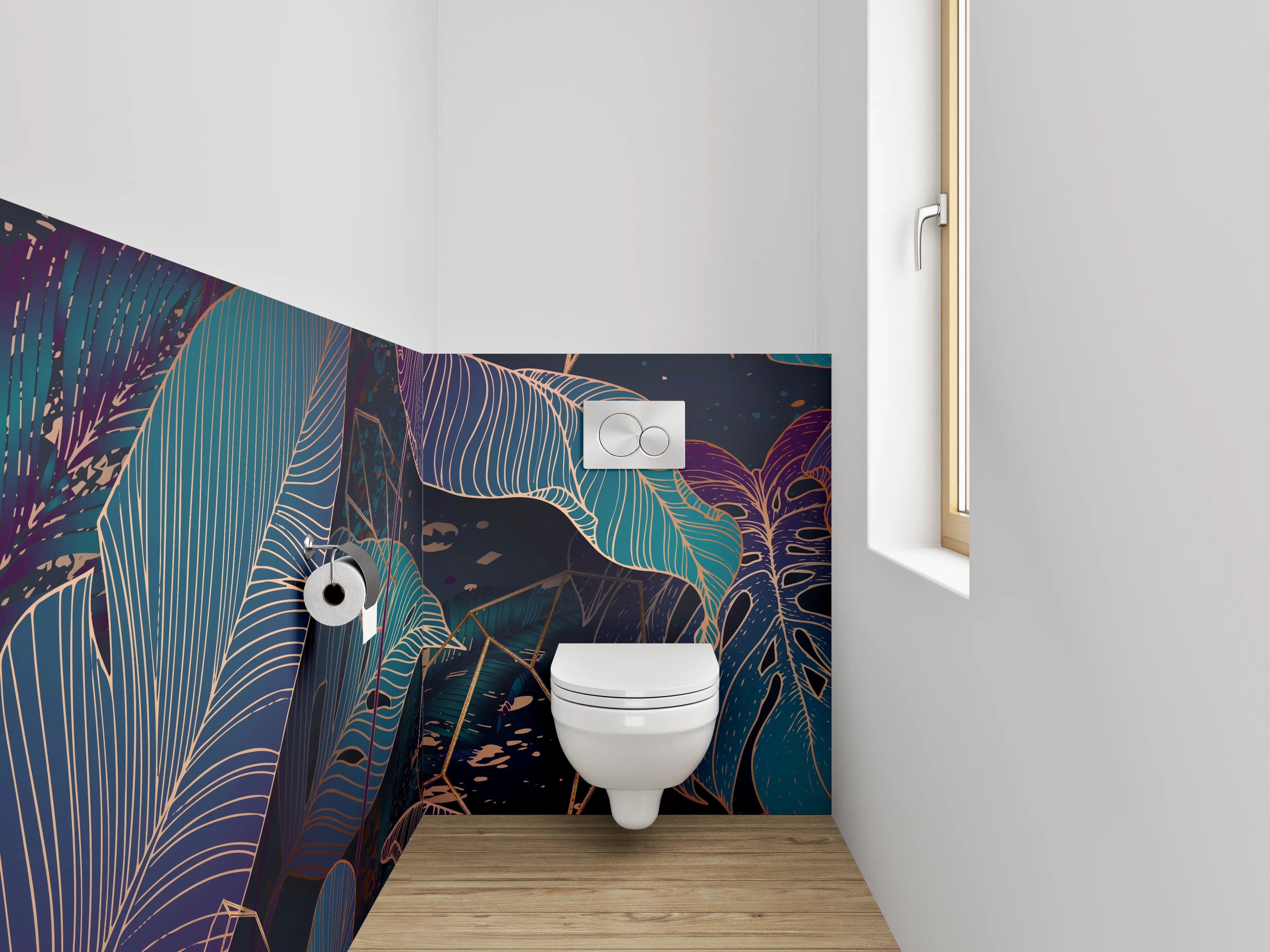 WC-Rückwand - Blätter Lineart Dschungelmotiv Blau Lila