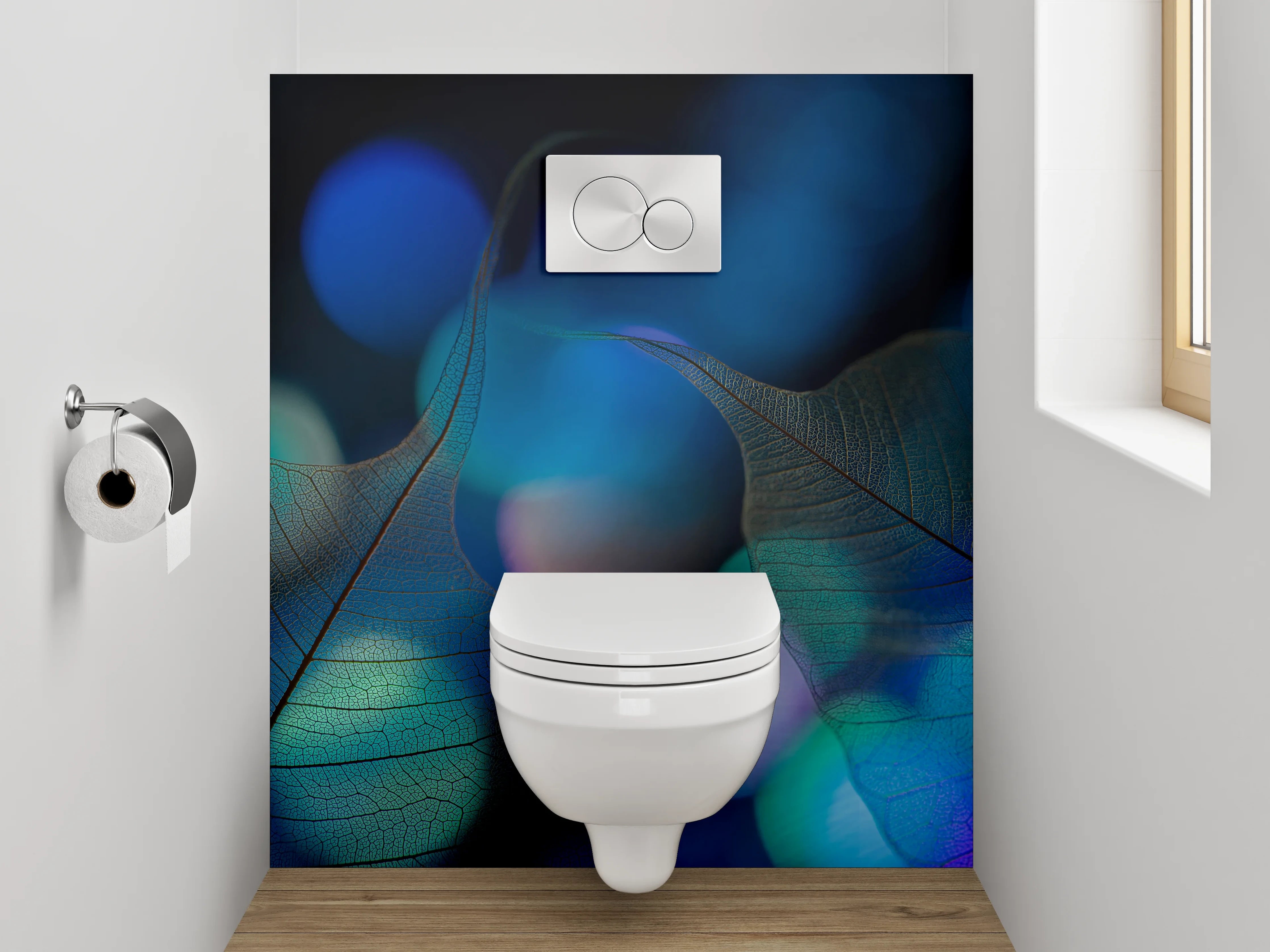 WC-Rückwand - Blätter und Bokeh in Blau – Modernes Design