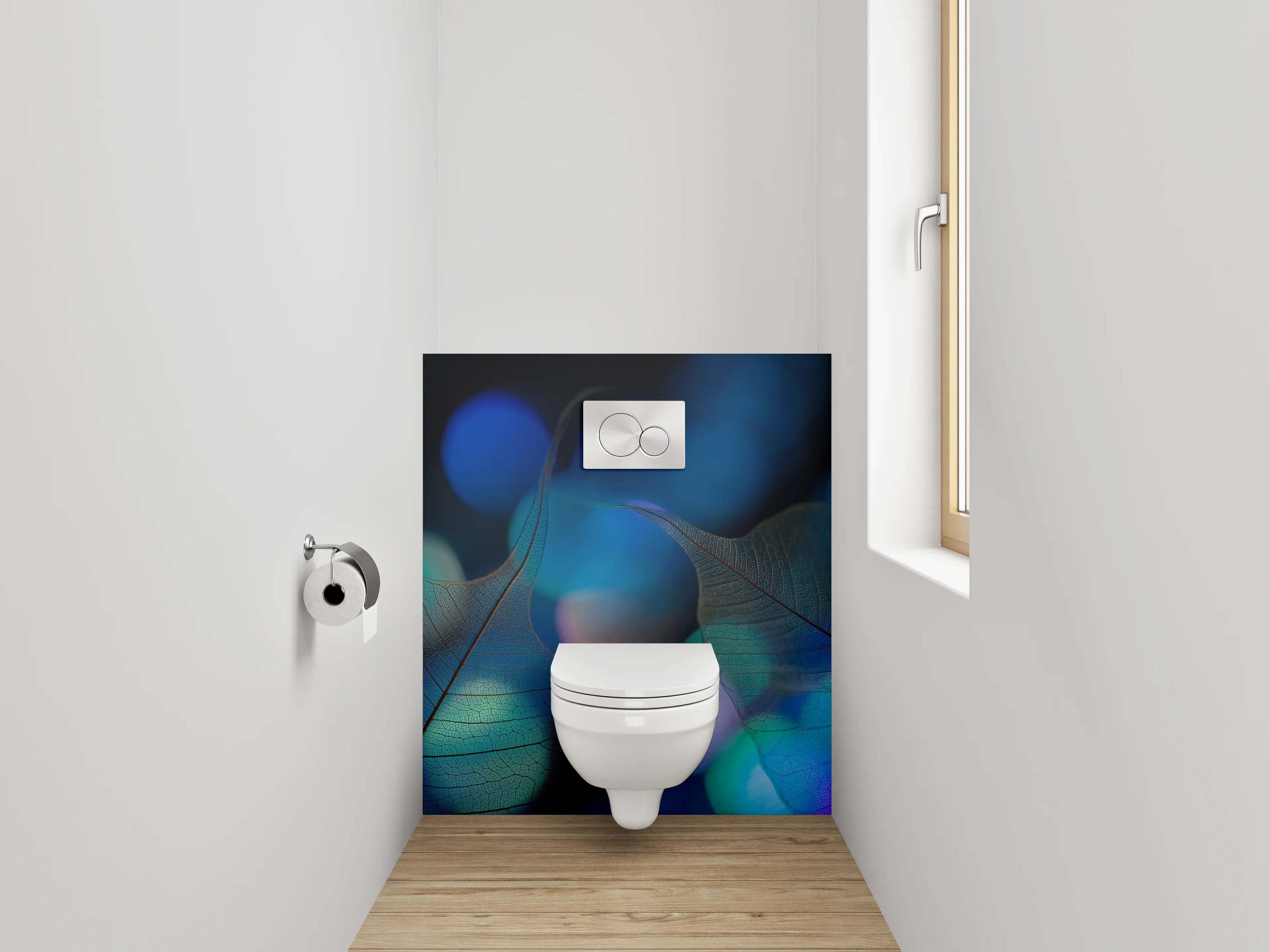 WC-Rückwand - Blätter und Bokeh in Blau – Modernes Design