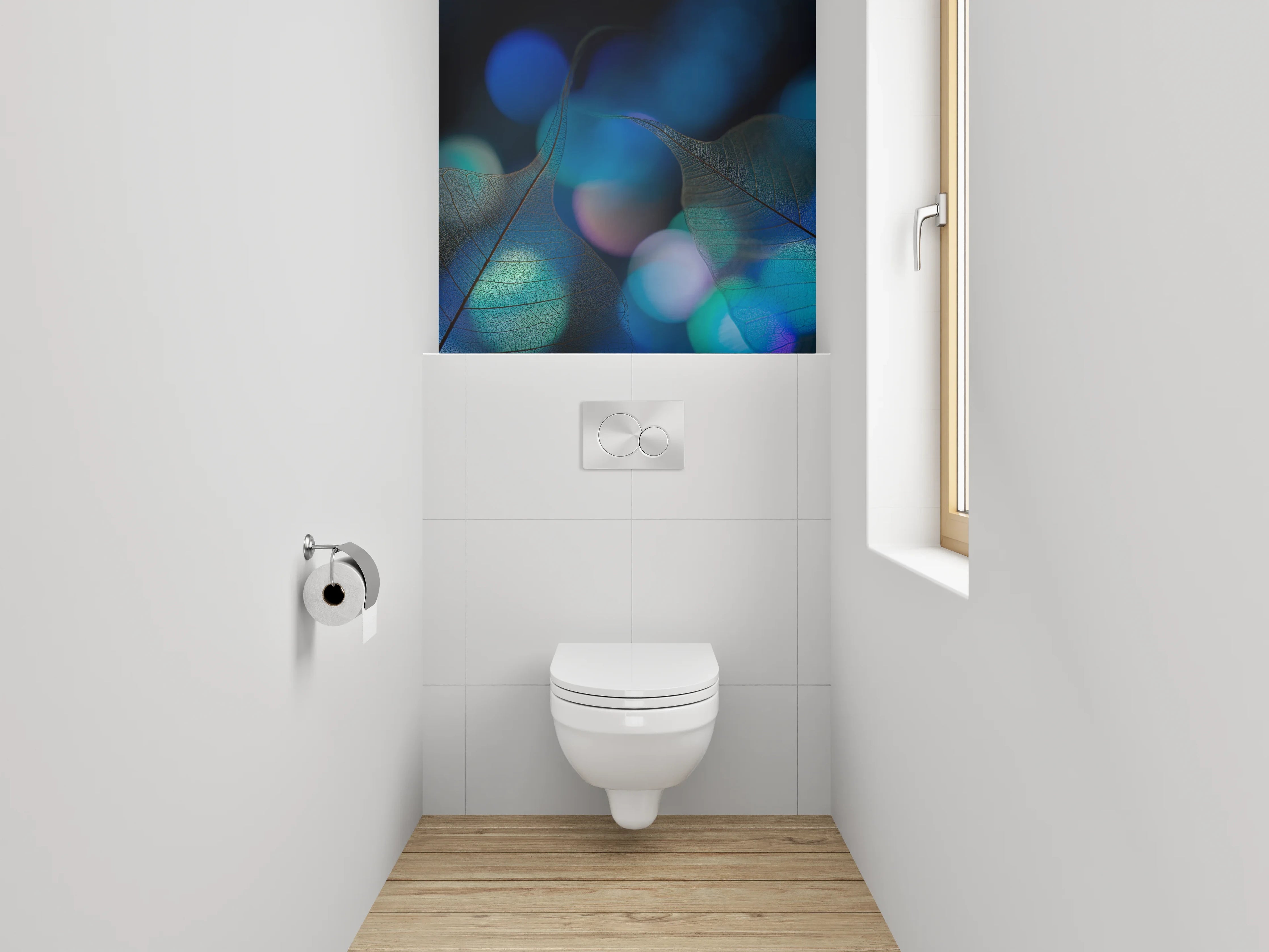 WC-Rückwand - Blätter und Bokeh in Blau – Modernes Design