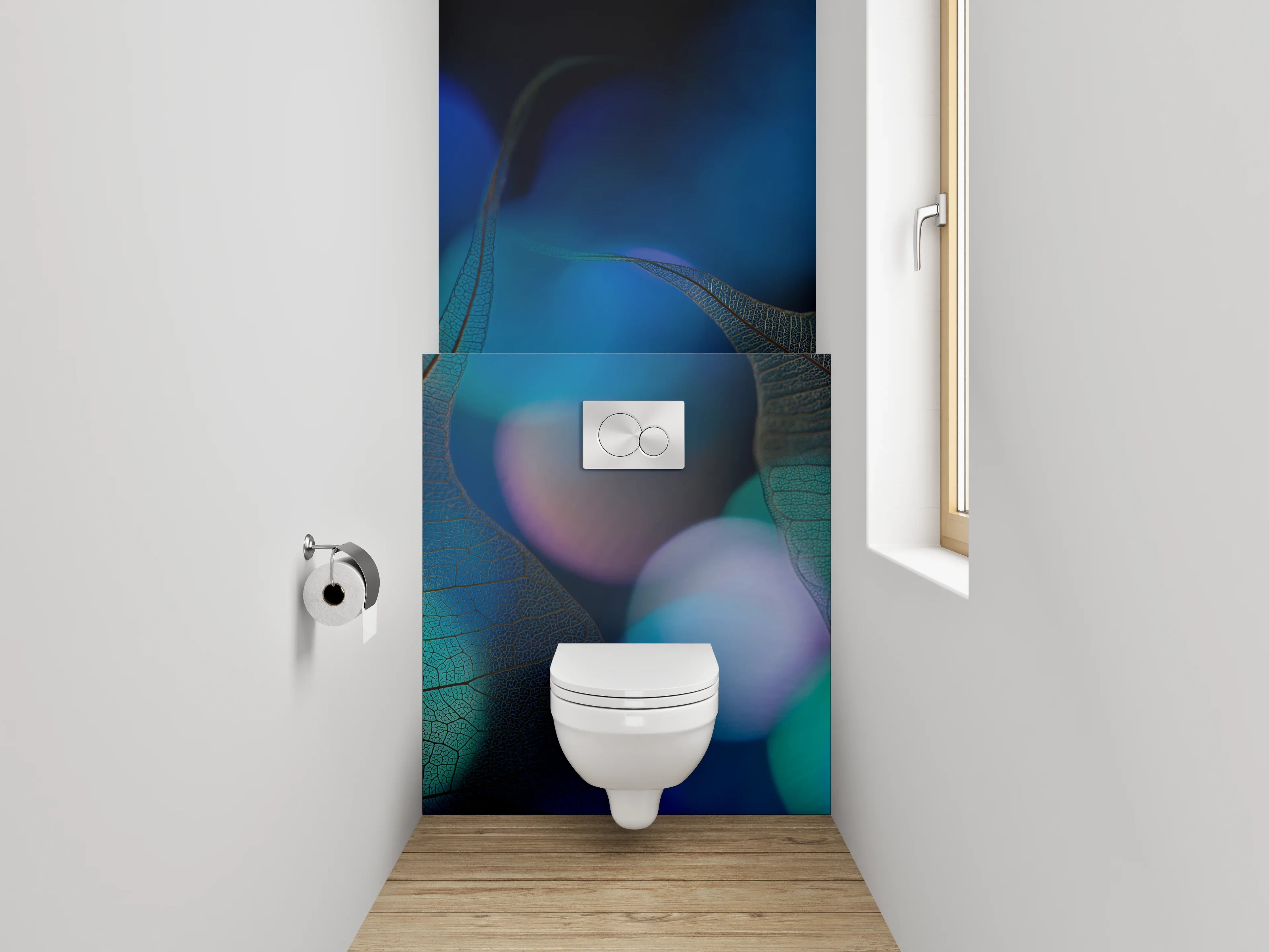 WC-Rückwand - Blätter und Bokeh in Blau – Modernes Design
