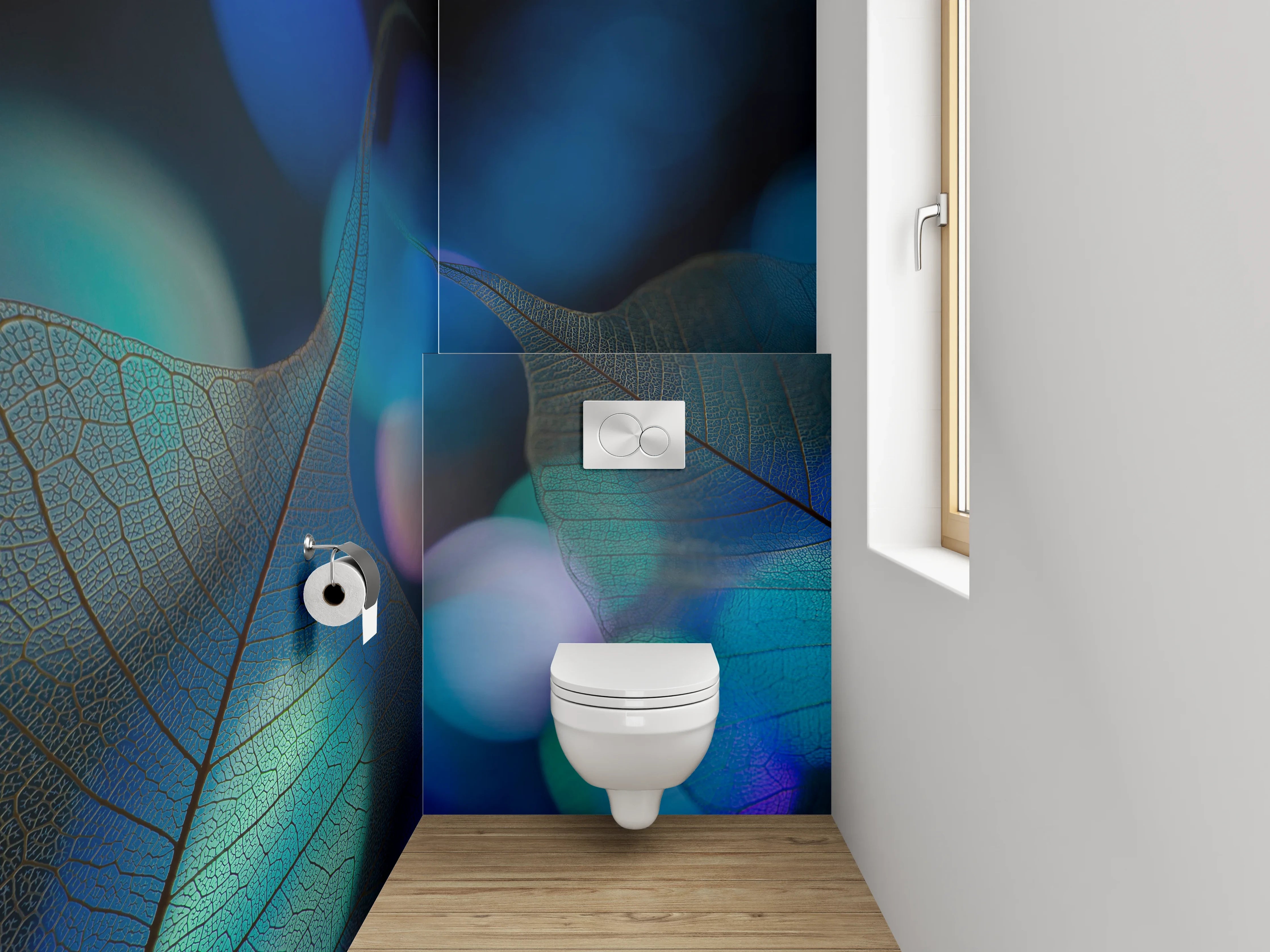 WC-Rückwand - Blätter und Bokeh in Blau – Modernes Design