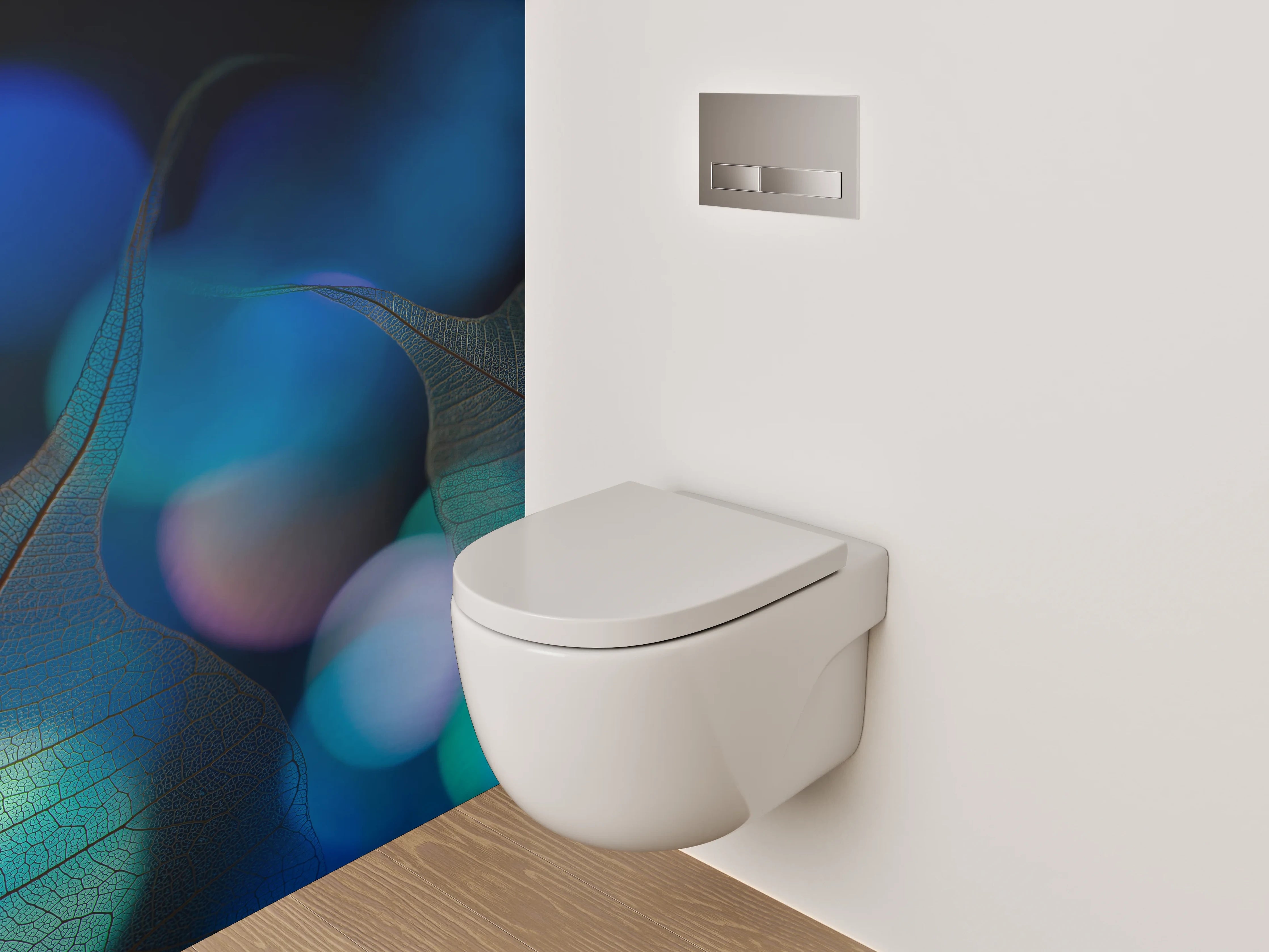 WC-Rückwand - Blätter und Bokeh in Blau – Modernes Design